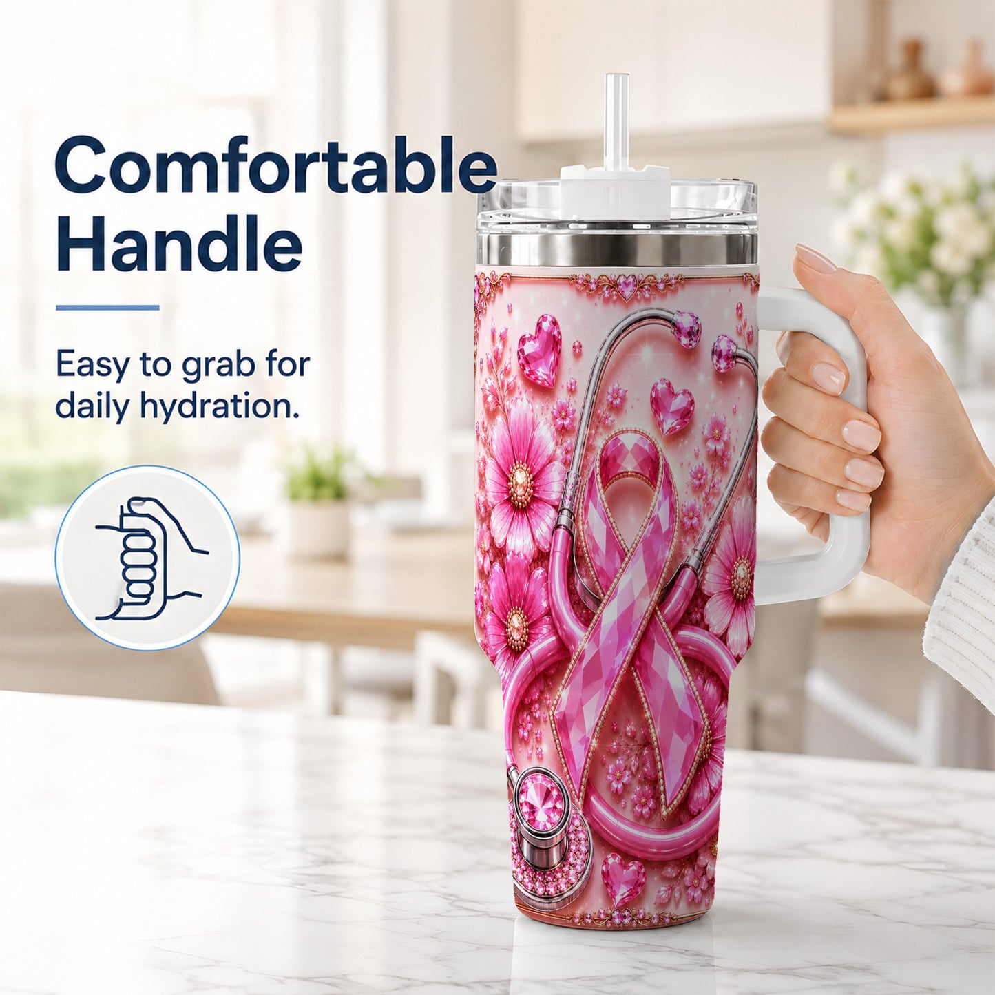 #pl[40oz|White] Jeweled Pink Ribbon 40oz Tumbler with Handle, Stainless Steel Travel Cup