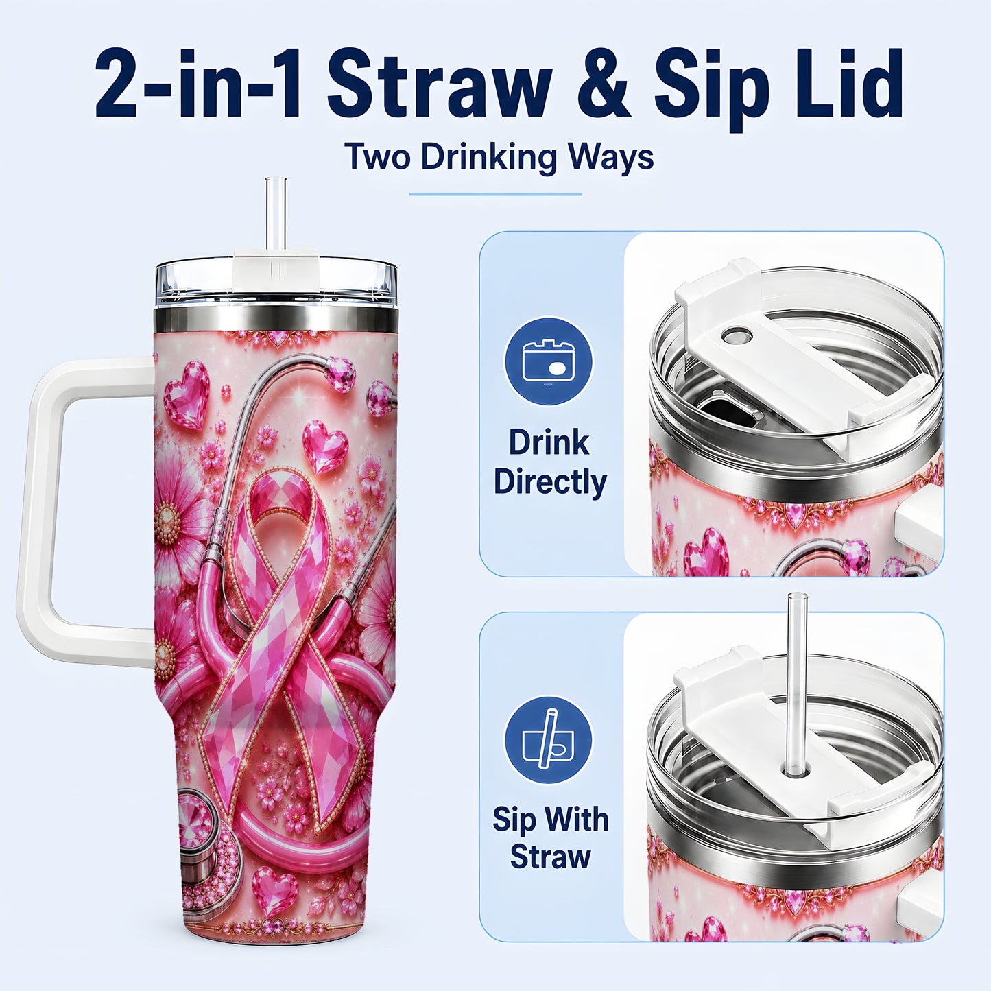 #pl[40oz|White] Jeweled Pink Ribbon 40oz Tumbler with Handle, Stainless Steel Travel Cup