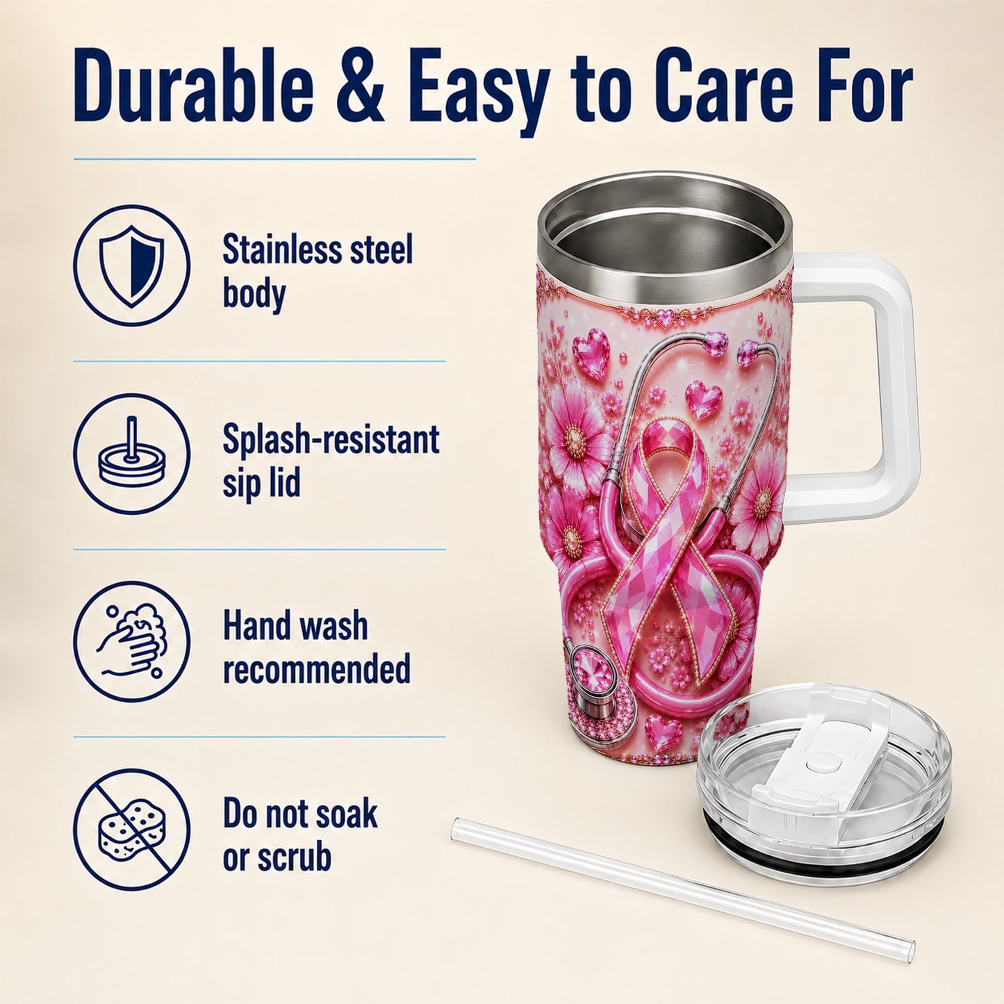 #pl[40oz|White] Jeweled Pink Ribbon 40oz Tumbler with Handle, Stainless Steel Travel Cup