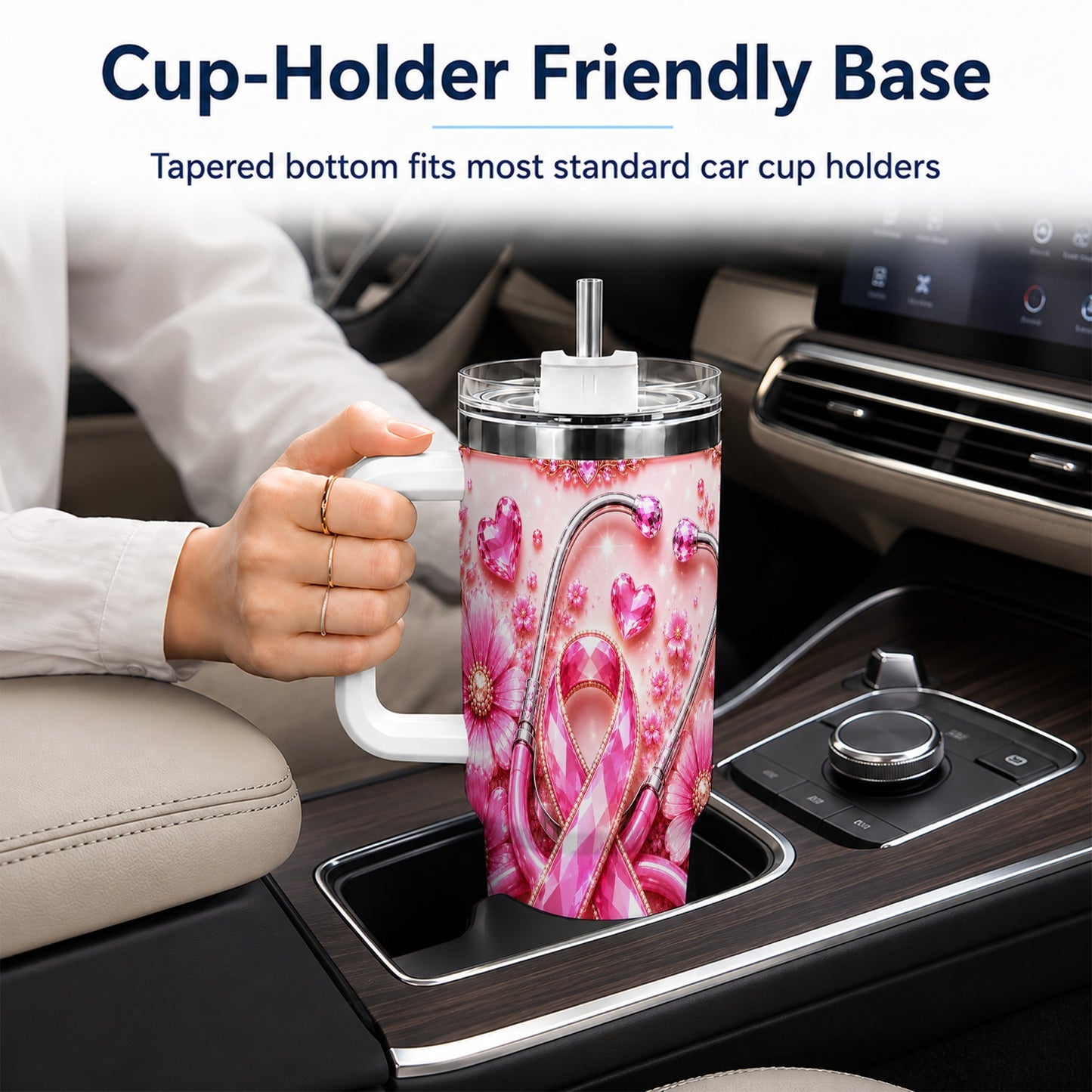#pl[40oz|White] Jeweled Pink Ribbon 40oz Tumbler with Handle, Stainless Steel Travel Cup