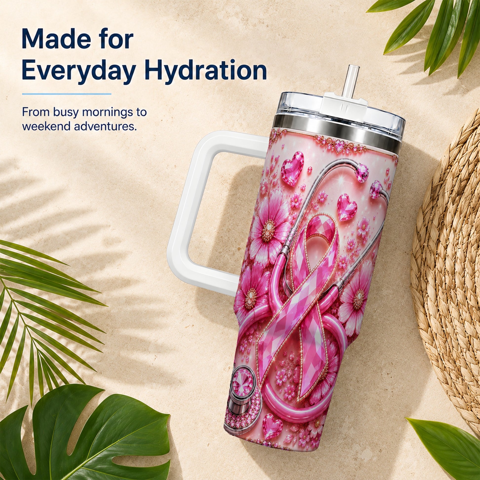 #pl[40oz|White] Jeweled Pink Ribbon 40oz Tumbler with Handle, Stainless Steel Travel Cup