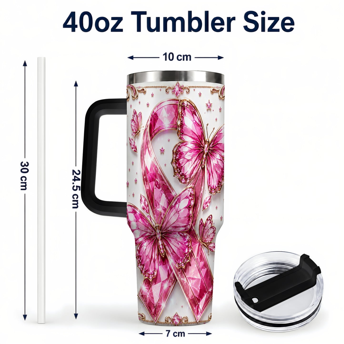 #pl[40oz|Black] Pink Ribbon 40oz Tumbler with Handle, Jeweled Stainless Steel Travel Cup