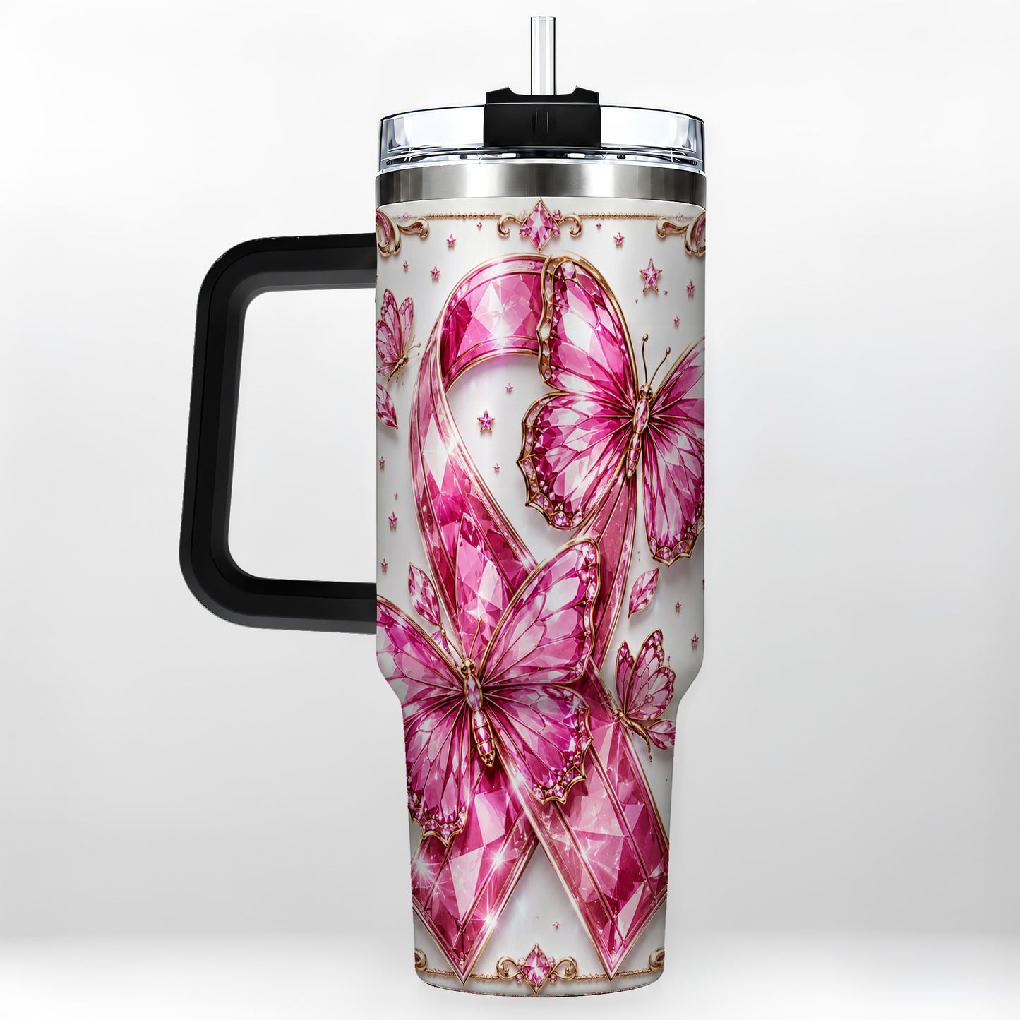 #pl[40oz|Black] Pink Ribbon 40oz Tumbler with Handle, Jeweled Stainless Steel Travel Cup