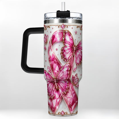 #pl[40oz|Black] Pink Ribbon 40oz Tumbler with Handle, Jeweled Stainless Steel Travel Cup