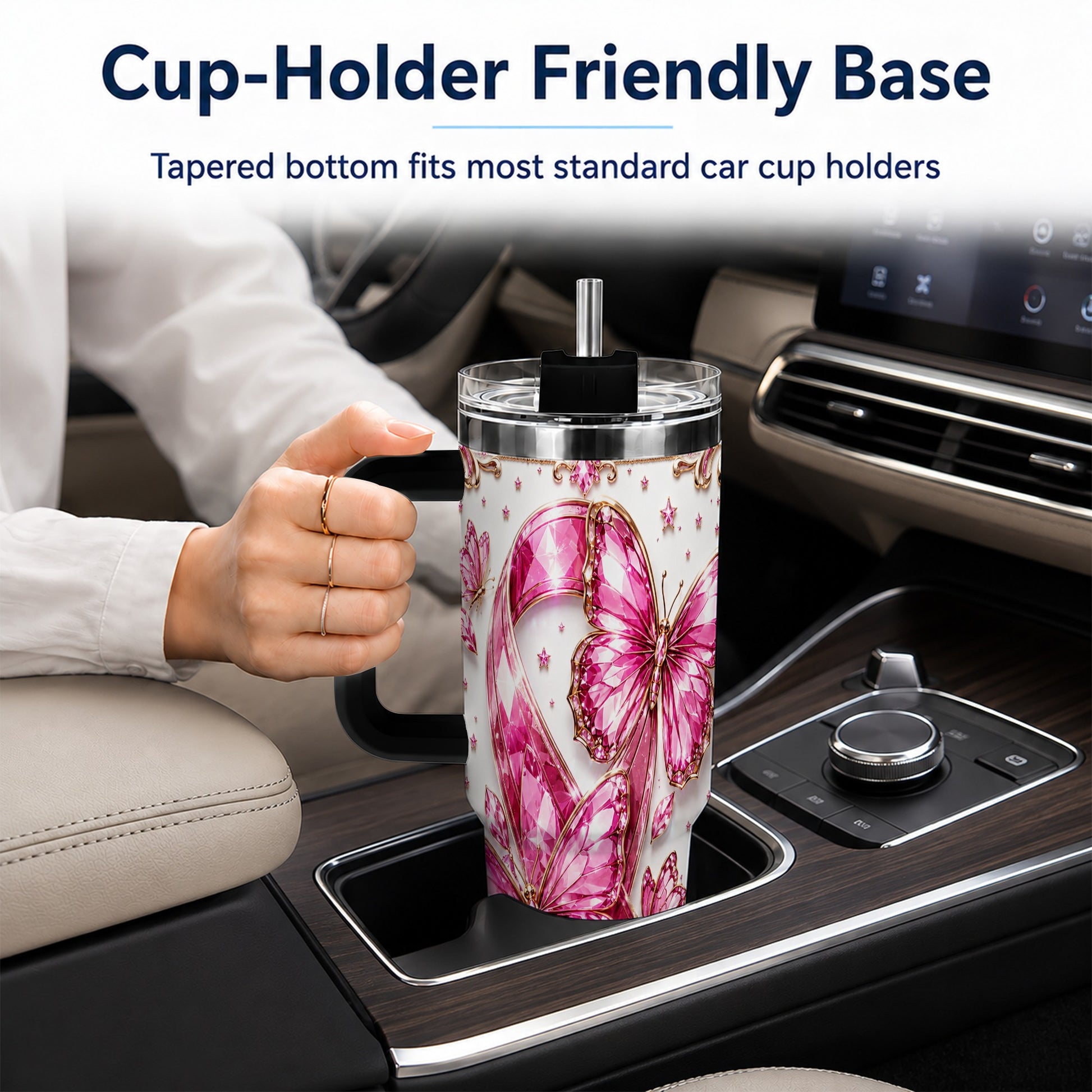 #pl[40oz|Black] Pink Ribbon 40oz Tumbler with Handle, Jeweled Stainless Steel Travel Cup