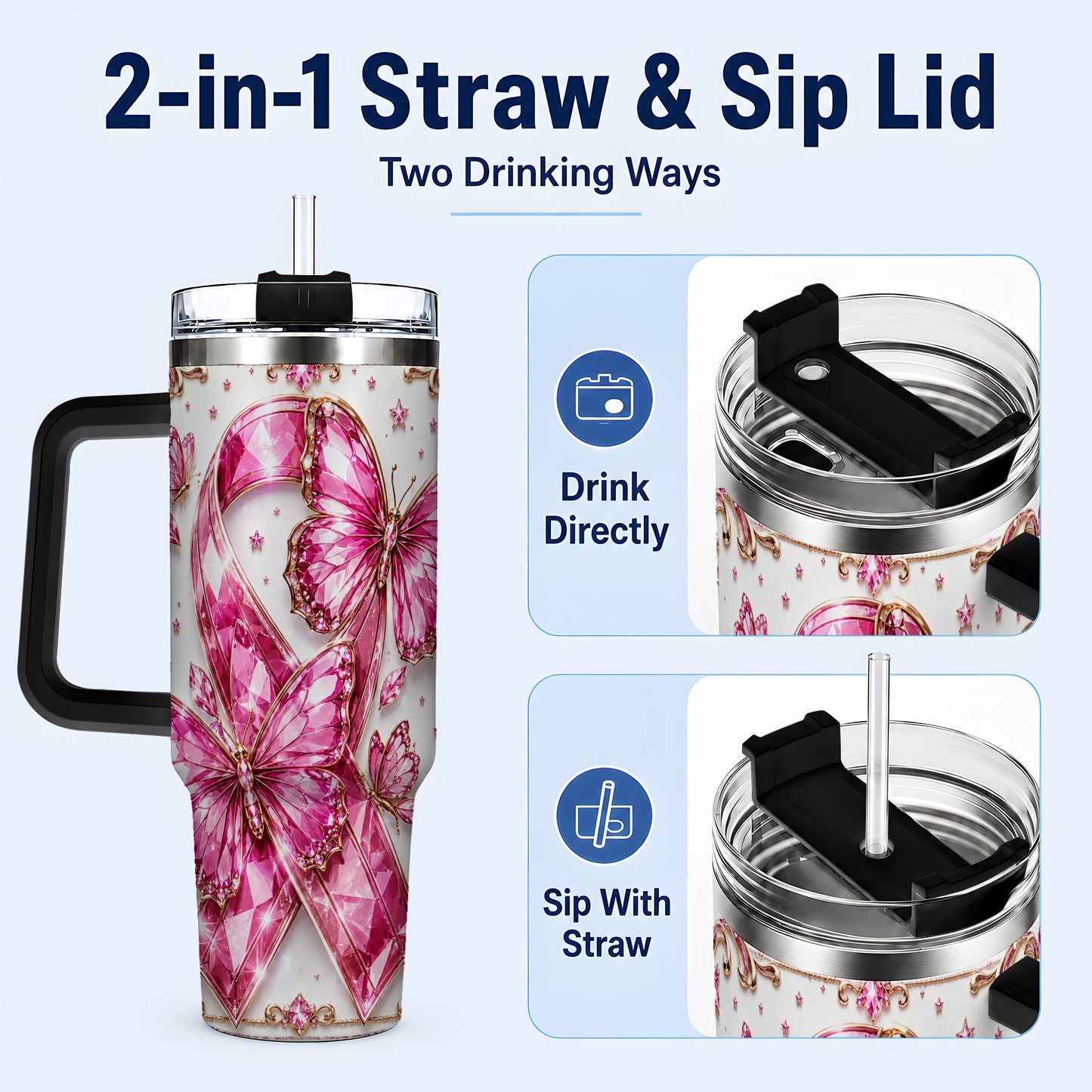 #pl[40oz|Black] Pink Ribbon 40oz Tumbler with Handle, Jeweled Stainless Steel Travel Cup