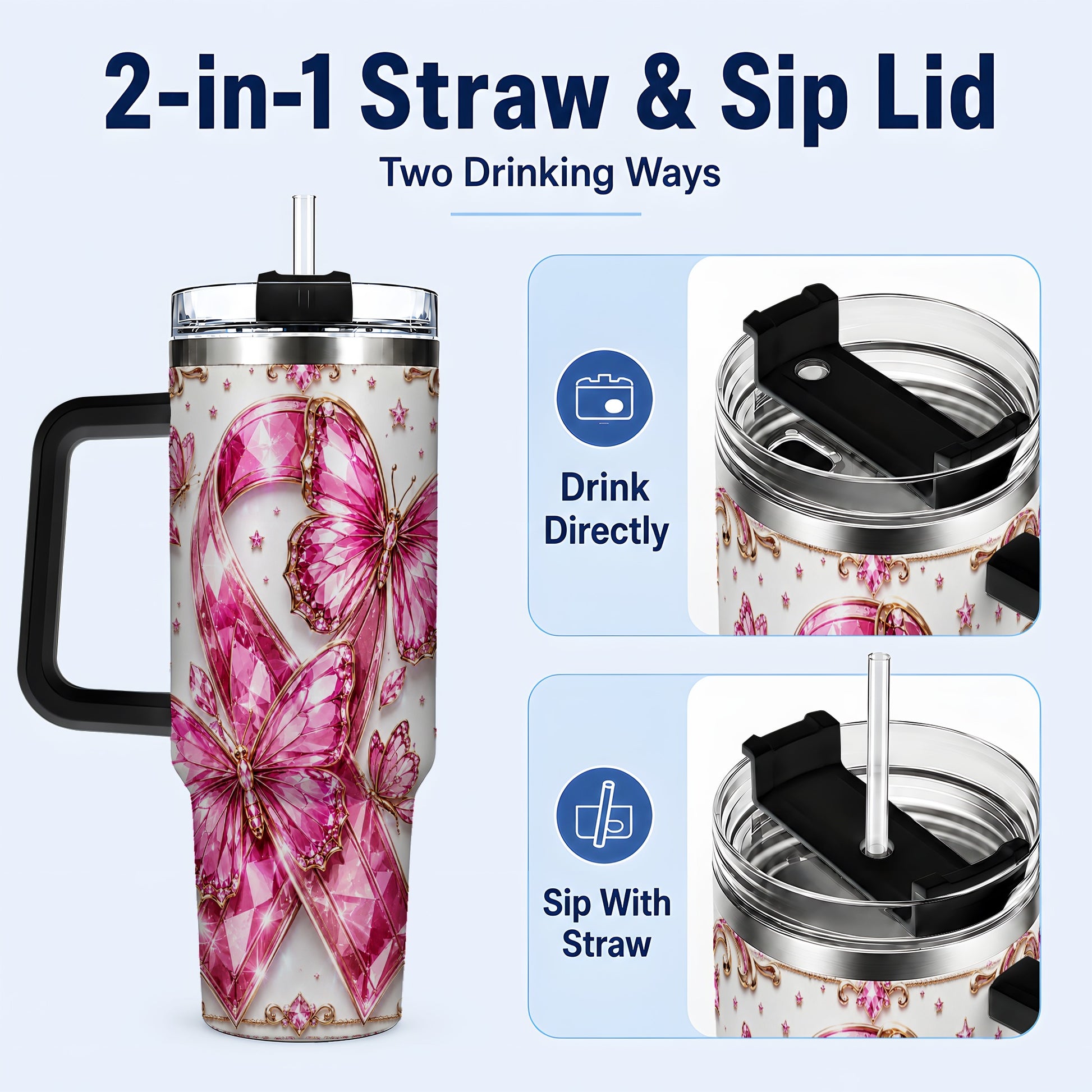 #pl[40oz|Black] Pink Ribbon 40oz Tumbler with Handle, Jeweled Stainless Steel Travel Cup