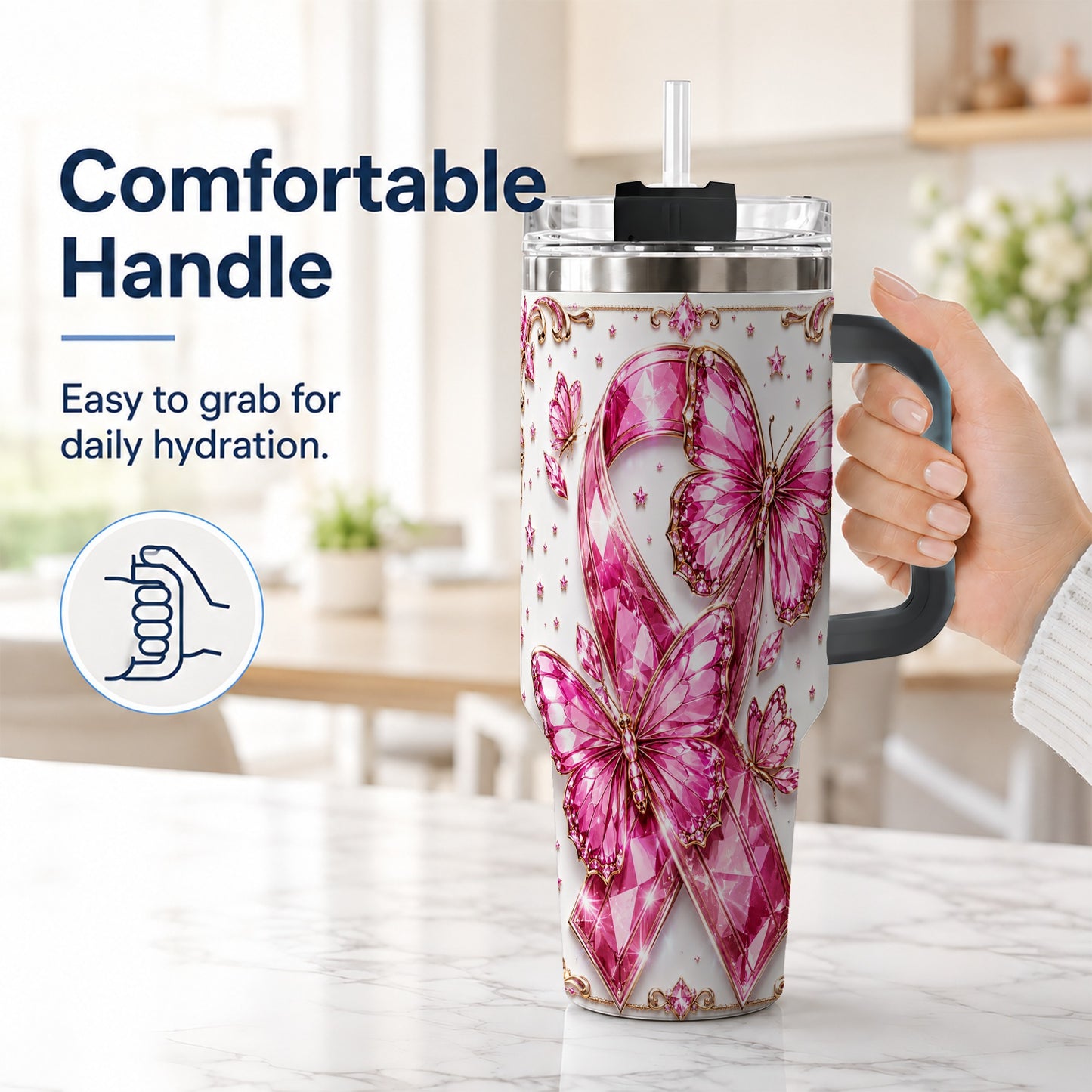 #pl[40oz|Black] Pink Ribbon 40oz Tumbler with Handle, Jeweled Stainless Steel Travel Cup