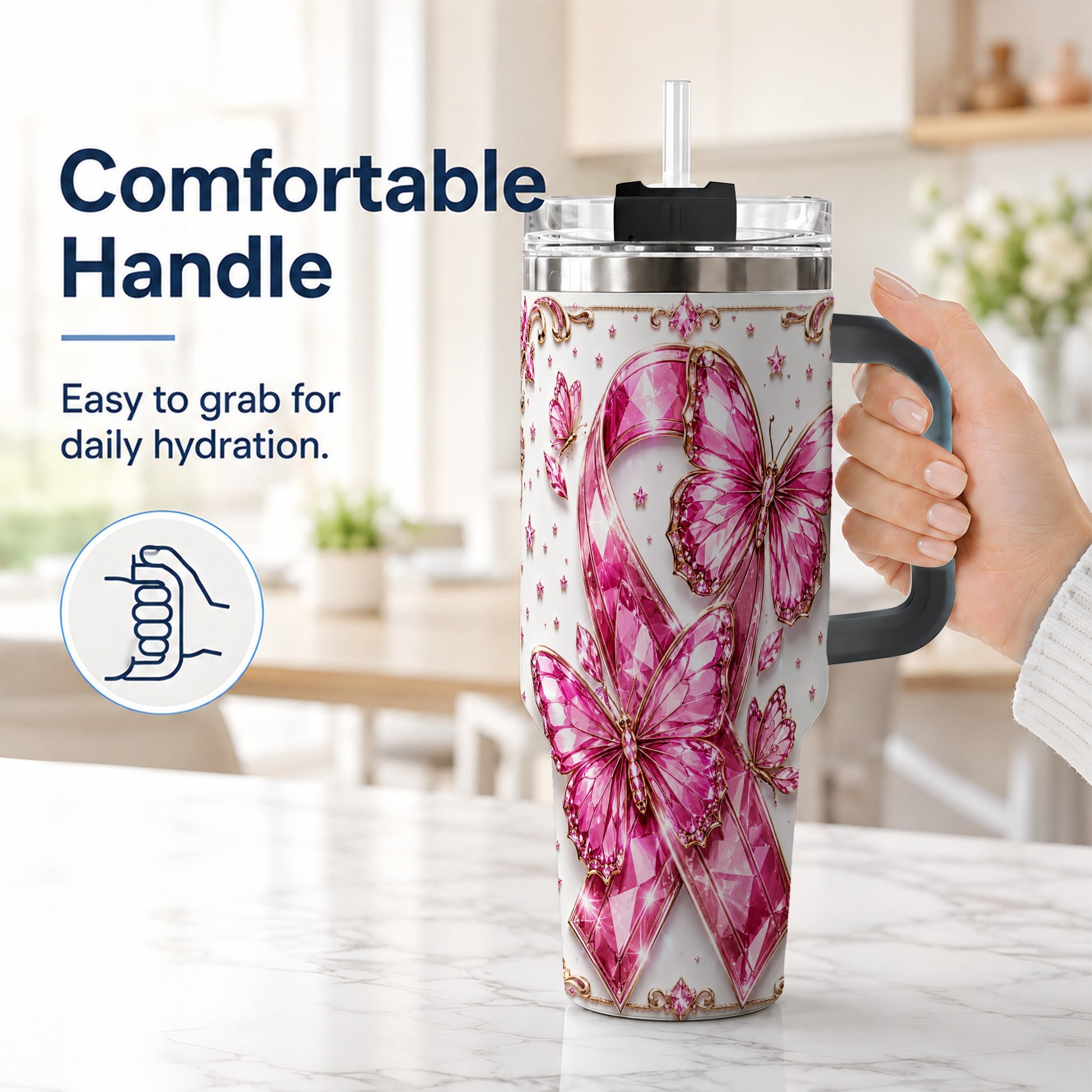 #pl[40oz|Black] Pink Ribbon 40oz Tumbler with Handle, Jeweled Stainless Steel Travel Cup