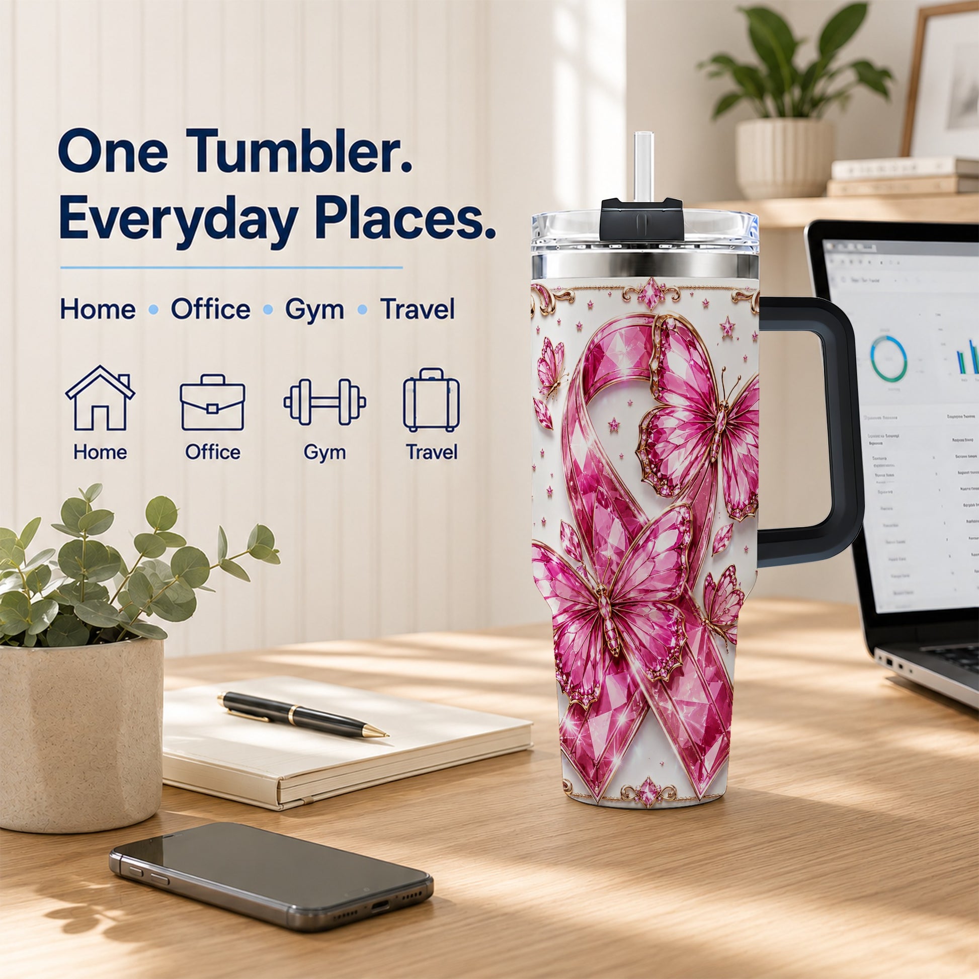 #pl[40oz|Black] Pink Ribbon 40oz Tumbler with Handle, Jeweled Stainless Steel Travel Cup