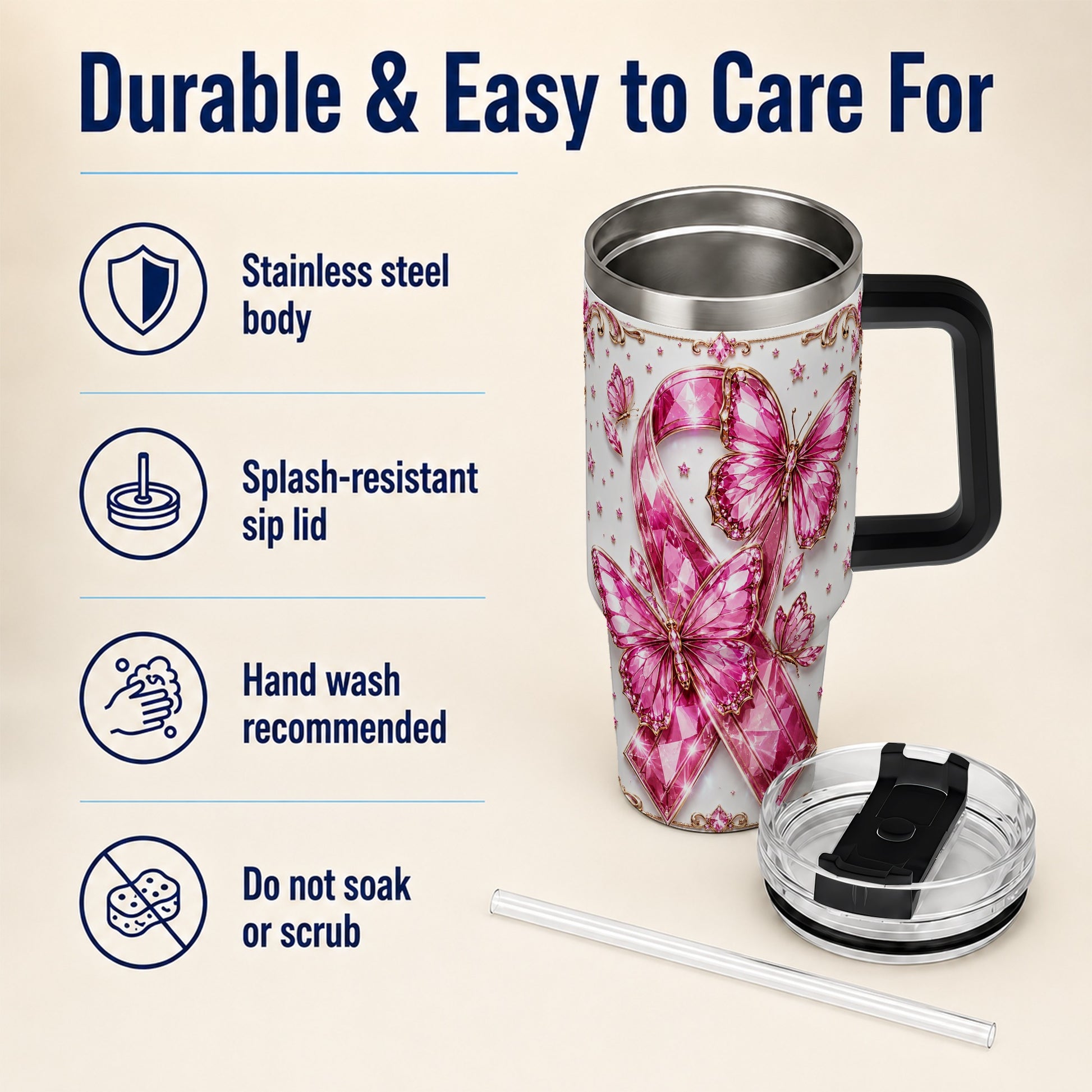 #pl[40oz|Black] Pink Ribbon 40oz Tumbler with Handle, Jeweled Stainless Steel Travel Cup