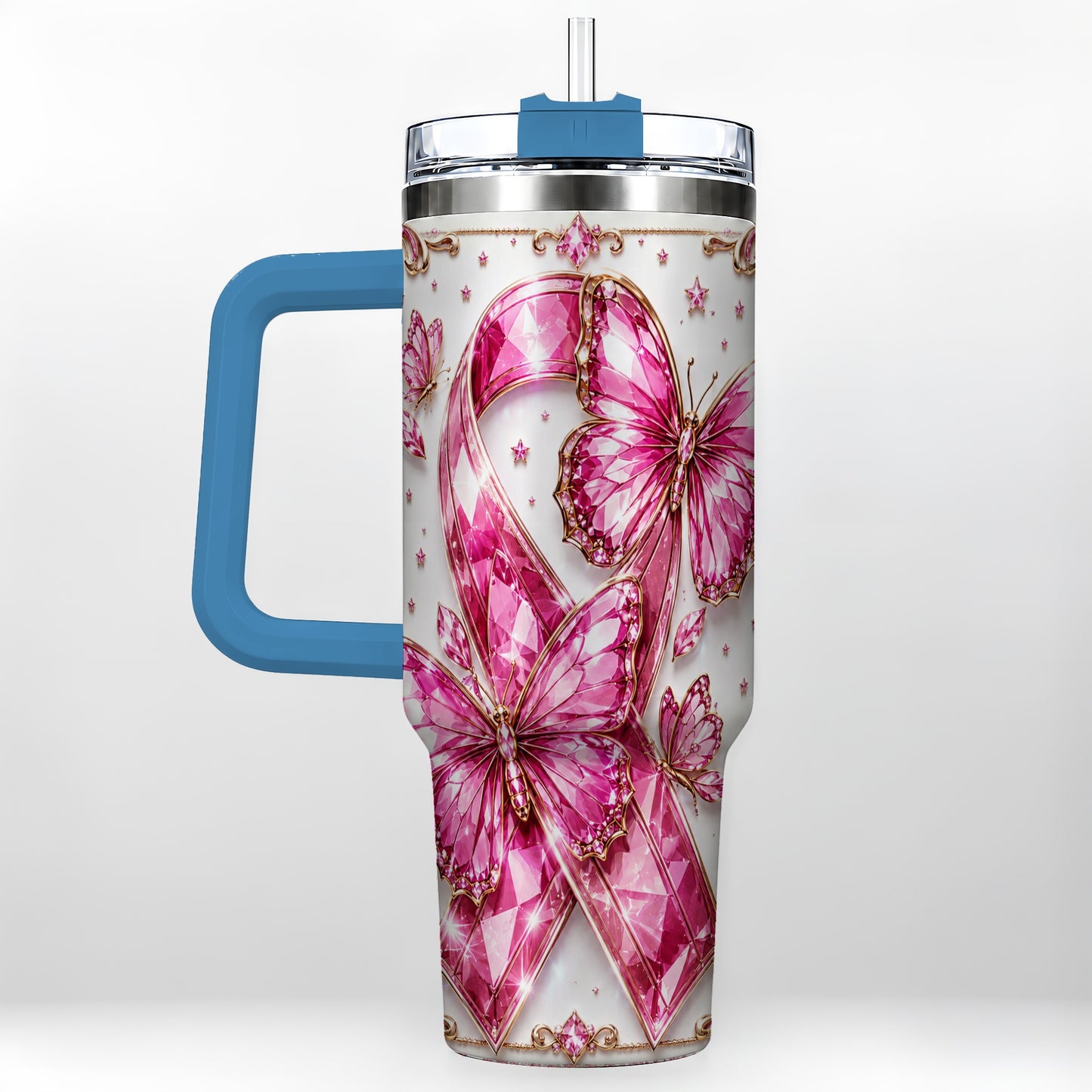 #pl[40oz|Blue] Pink Ribbon 40oz Tumbler with Handle, Jeweled Stainless Steel Travel Cup