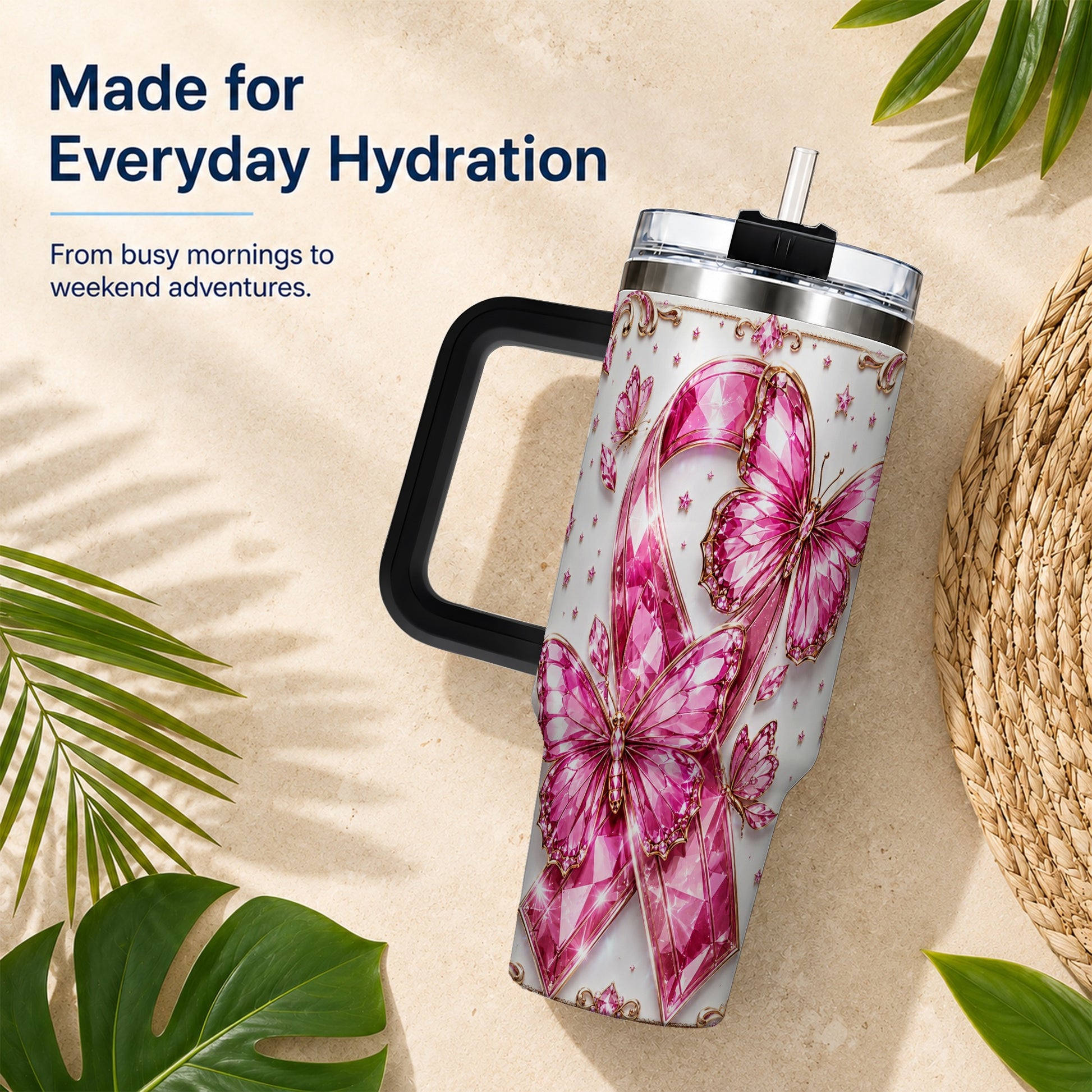 #pl[40oz|Black] Pink Ribbon 40oz Tumbler with Handle, Jeweled Stainless Steel Travel Cup