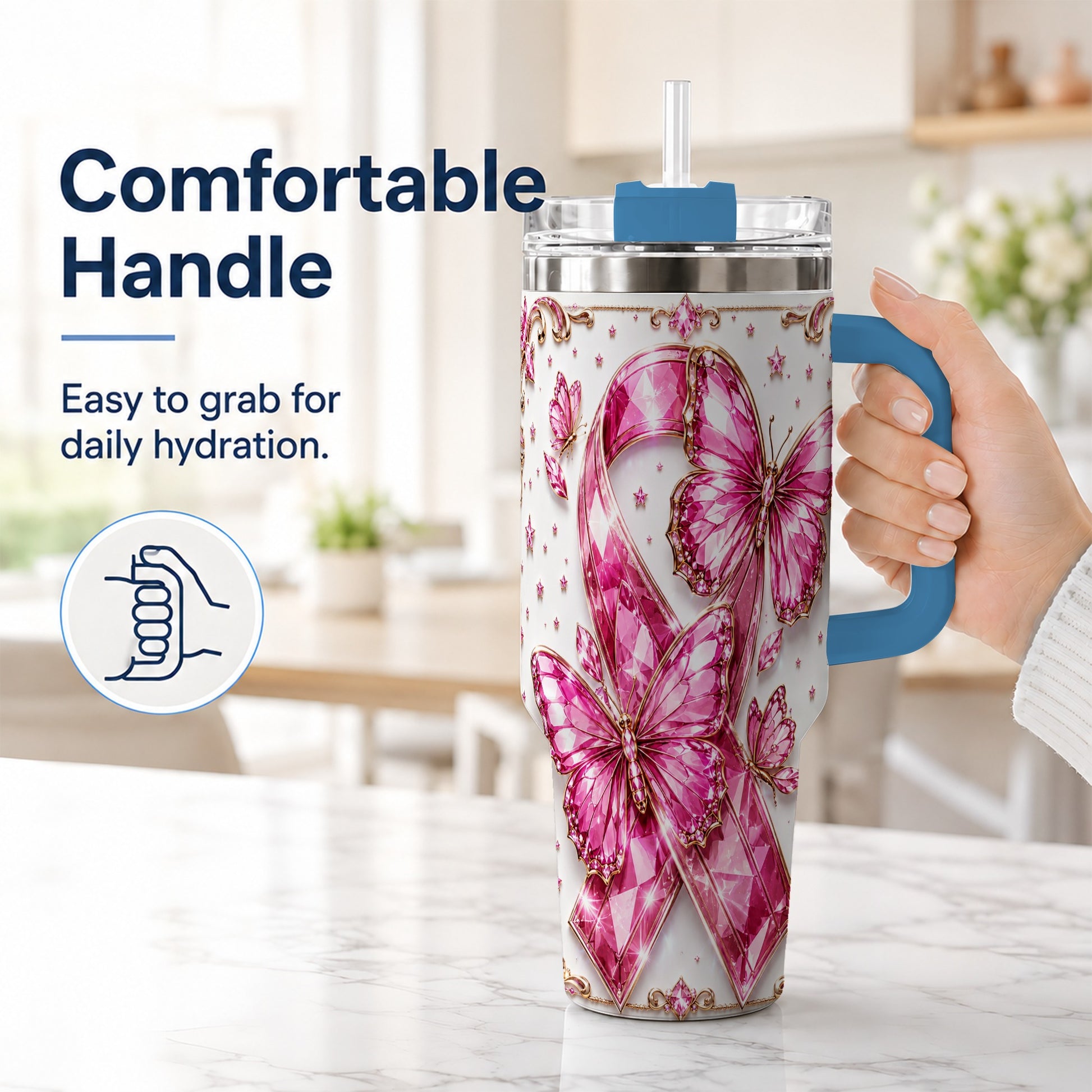 #pl[40oz|Blue] Pink Ribbon 40oz Tumbler with Handle, Jeweled Stainless Steel Travel Cup