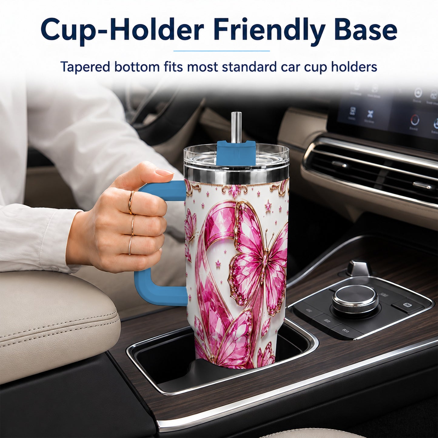 #pl[40oz|Blue] Pink Ribbon 40oz Tumbler with Handle, Jeweled Stainless Steel Travel Cup