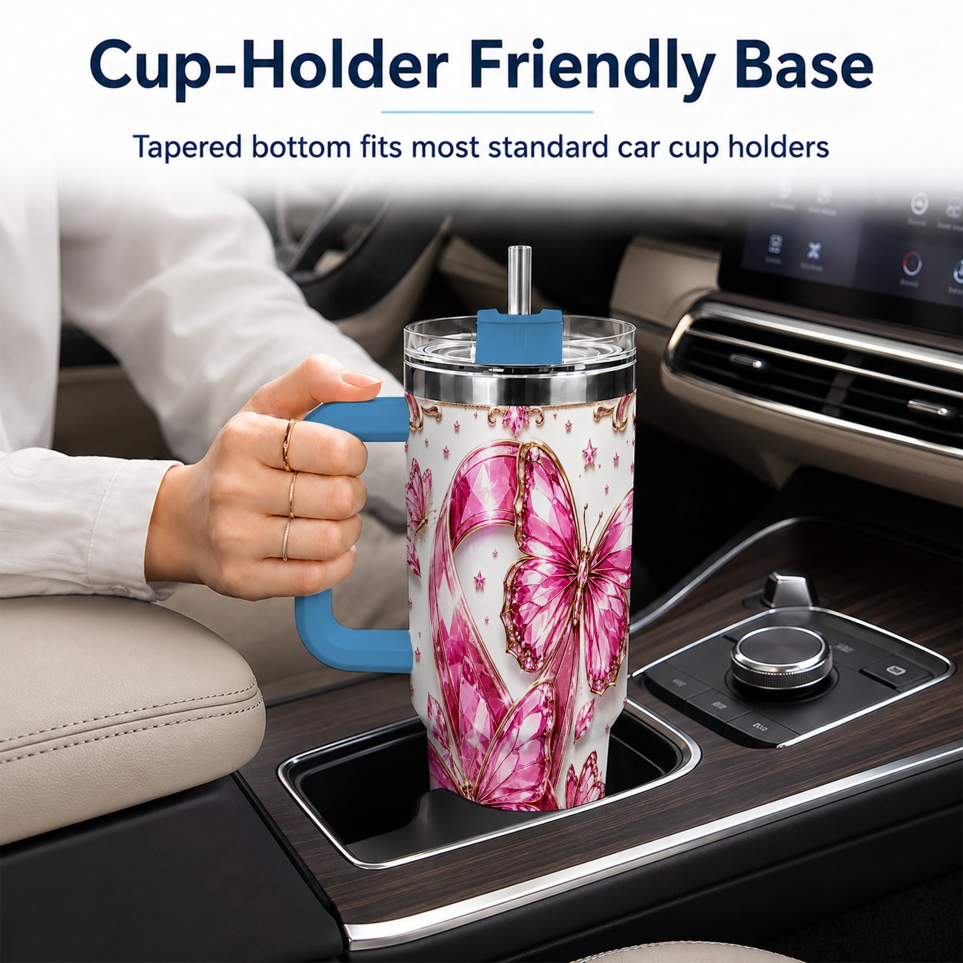 #pl[40oz|Blue] Pink Ribbon 40oz Tumbler with Handle, Jeweled Stainless Steel Travel Cup