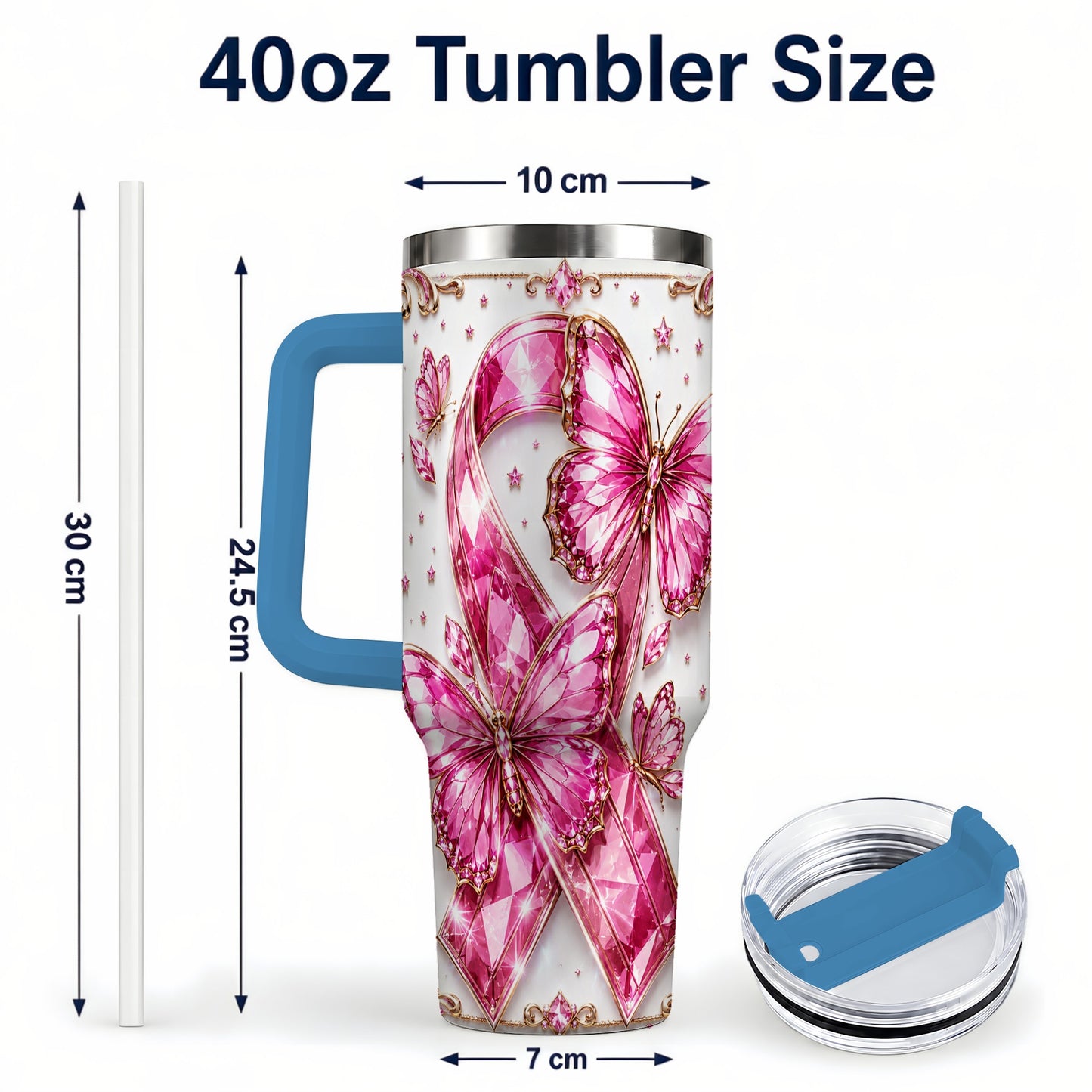 #pl[40oz|Blue] Pink Ribbon 40oz Tumbler with Handle, Jeweled Stainless Steel Travel Cup