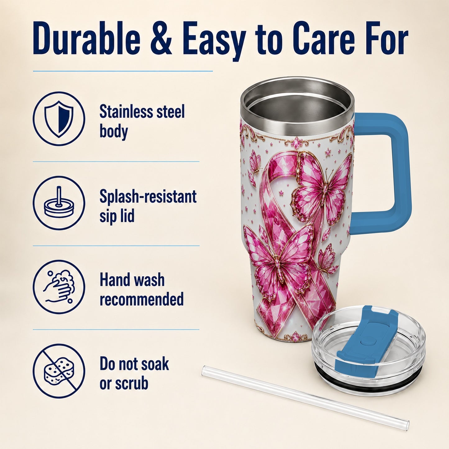 #pl[40oz|Blue] Pink Ribbon 40oz Tumbler with Handle, Jeweled Stainless Steel Travel Cup