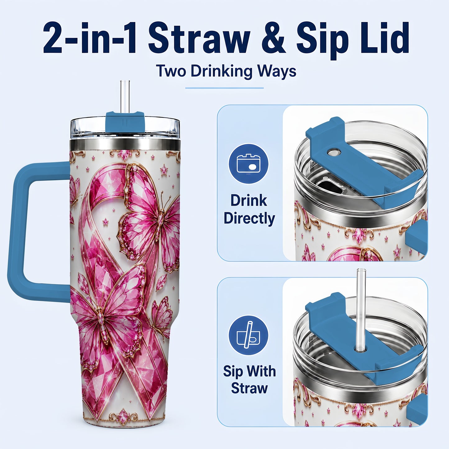 #pl[40oz|Blue] Pink Ribbon 40oz Tumbler with Handle, Jeweled Stainless Steel Travel Cup