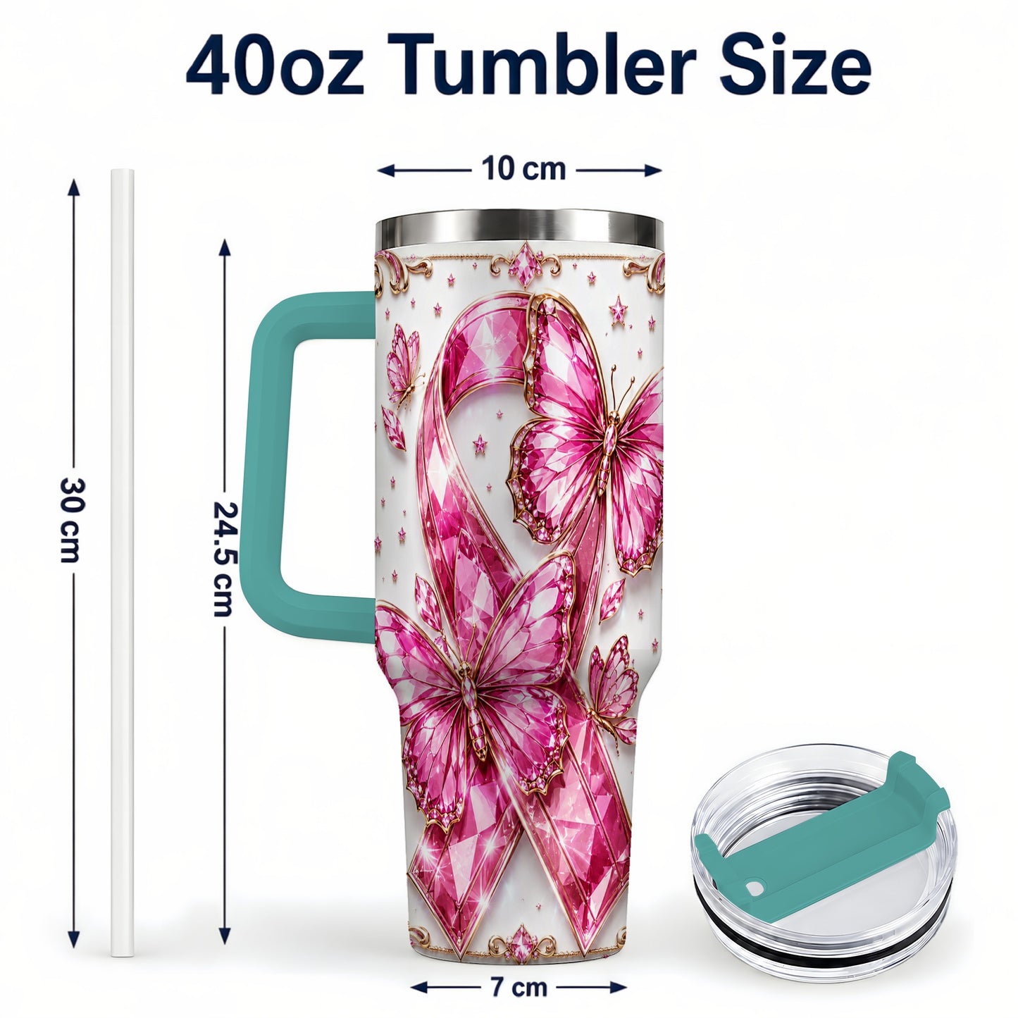 #pl[40oz|Green] Pink Ribbon 40oz Tumbler with Handle, Jeweled Stainless Steel Travel Cup