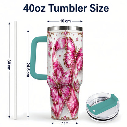 #pl[40oz|Green] Pink Ribbon 40oz Tumbler with Handle, Jeweled Stainless Steel Travel Cup