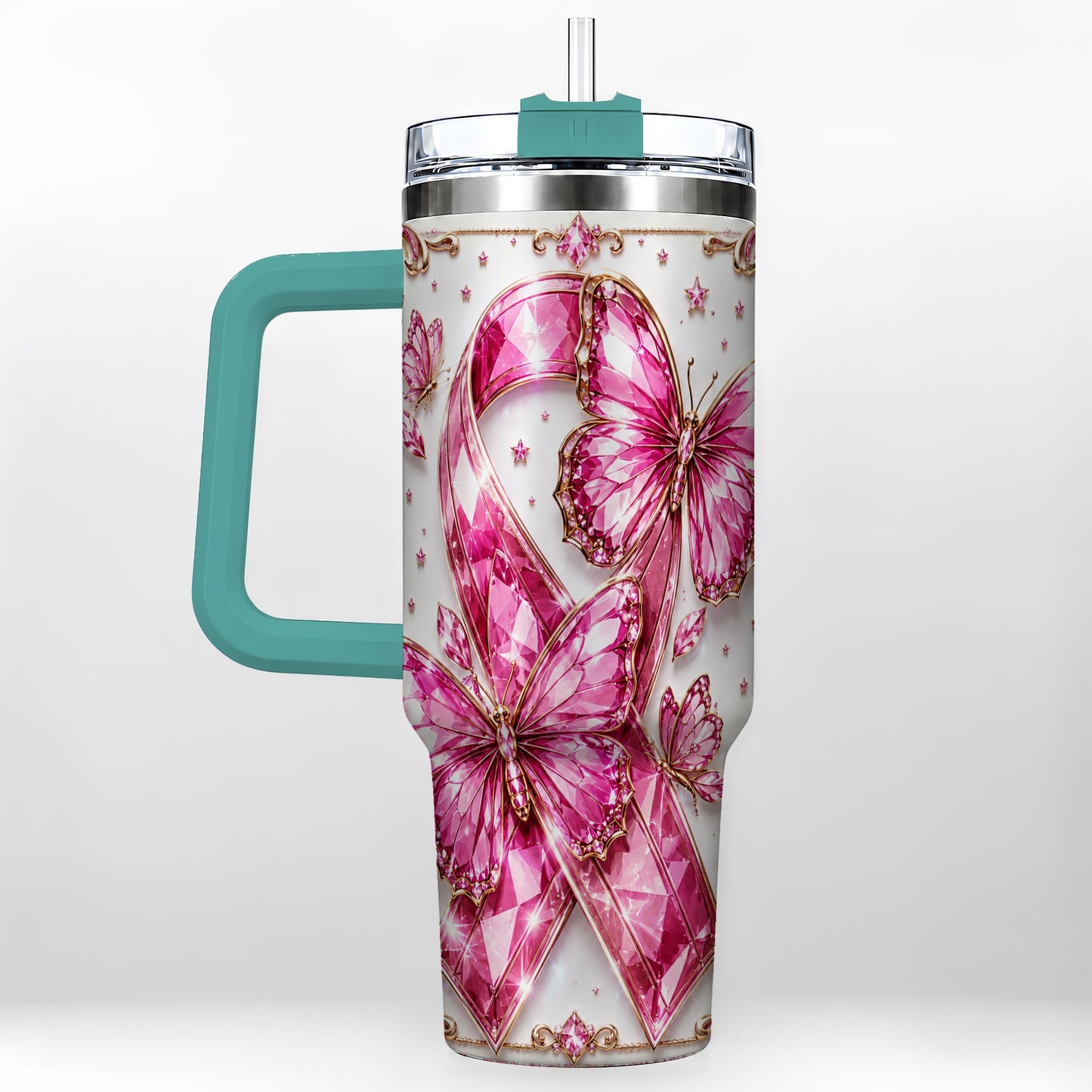 #pl[40oz|Green] Pink Ribbon 40oz Tumbler with Handle, Jeweled Stainless Steel Travel Cup