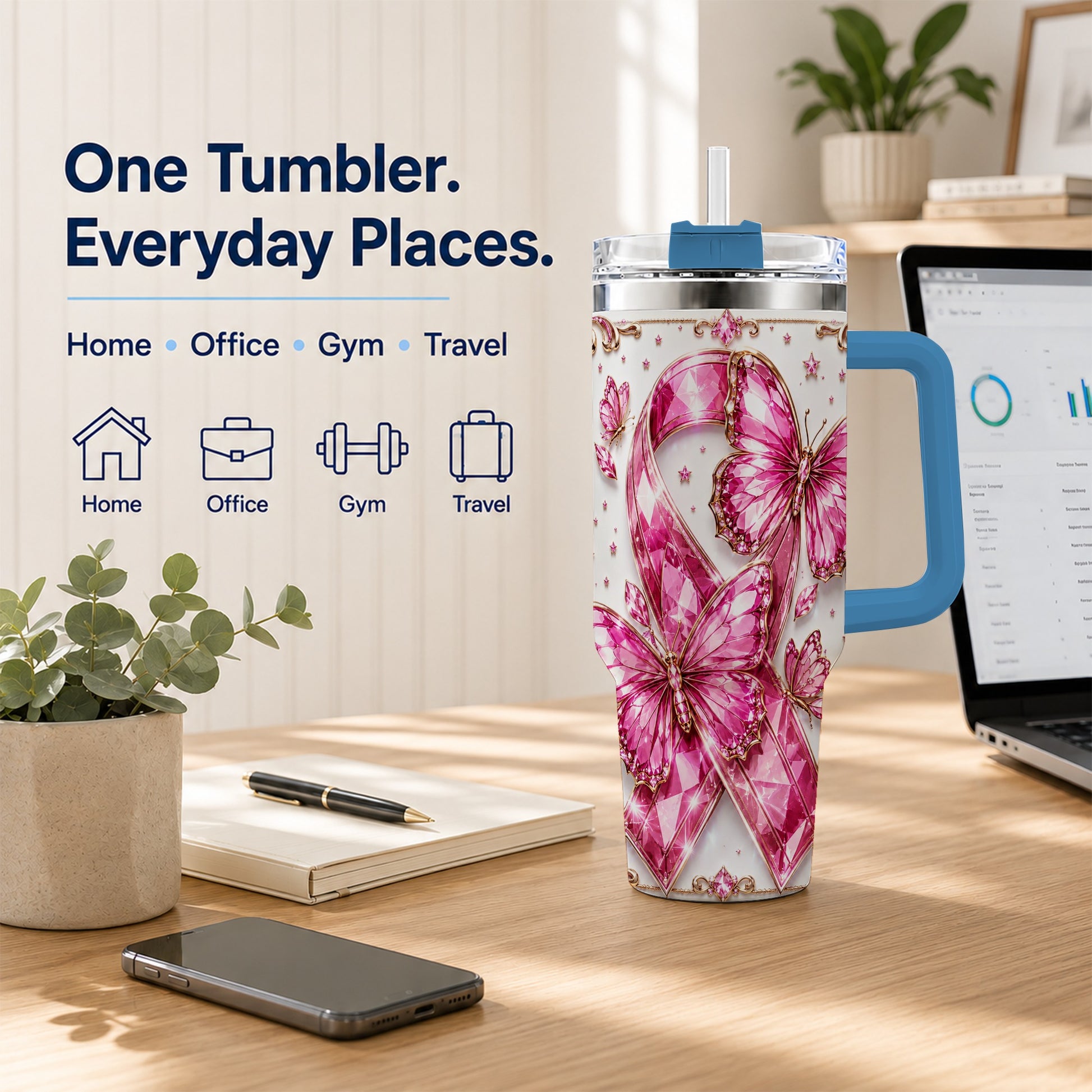 #pl[40oz|Blue] Pink Ribbon 40oz Tumbler with Handle, Jeweled Stainless Steel Travel Cup