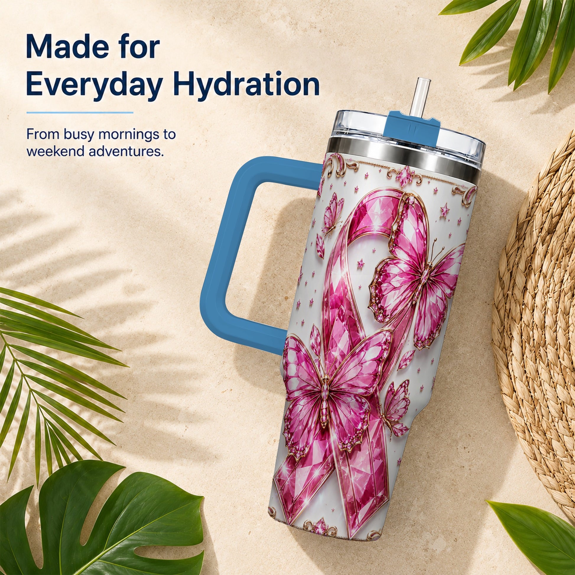 #pl[40oz|Blue] Pink Ribbon 40oz Tumbler with Handle, Jeweled Stainless Steel Travel Cup