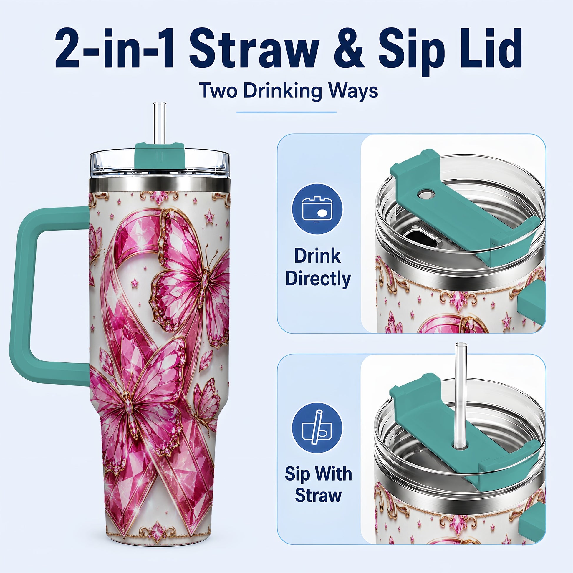 #pl[40oz|Green] Pink Ribbon 40oz Tumbler with Handle, Jeweled Stainless Steel Travel Cup