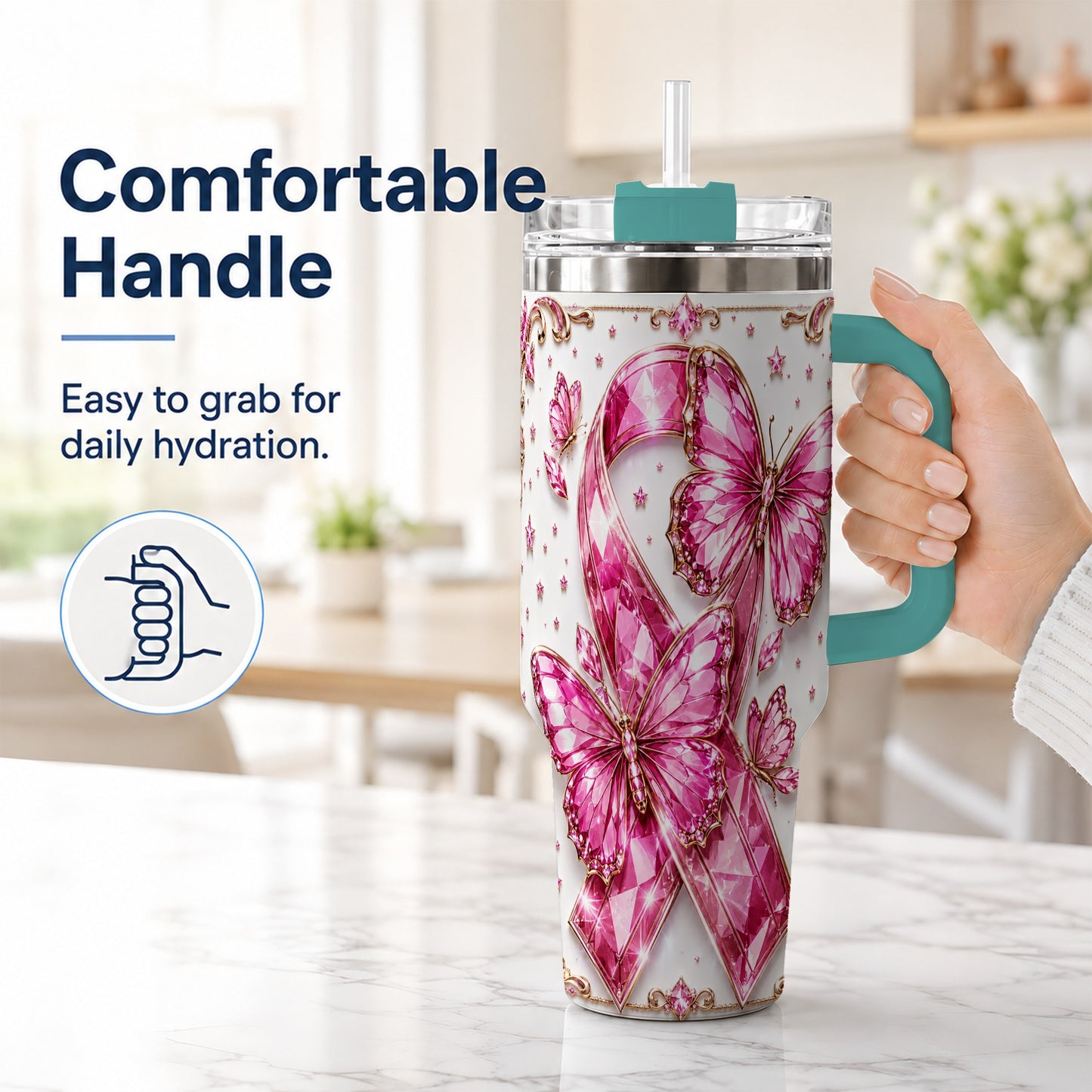 #pl[40oz|Green] Pink Ribbon 40oz Tumbler with Handle, Jeweled Stainless Steel Travel Cup