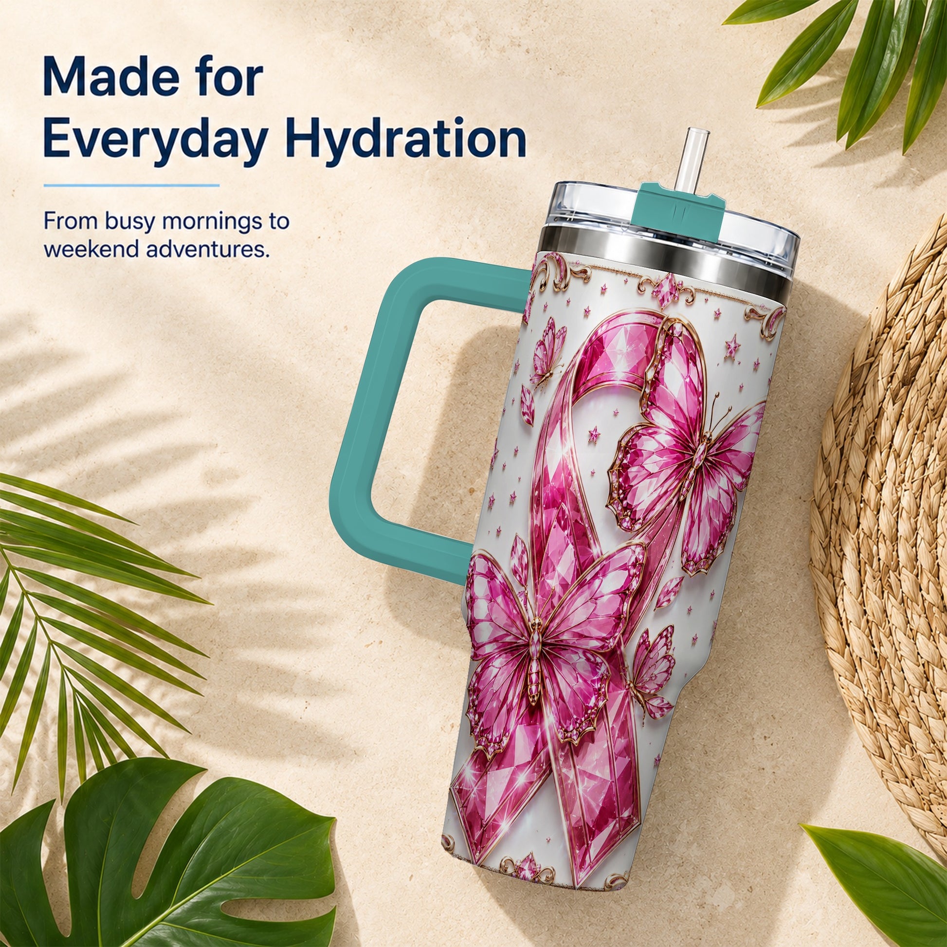 #pl[40oz|Green] Pink Ribbon 40oz Tumbler with Handle, Jeweled Stainless Steel Travel Cup