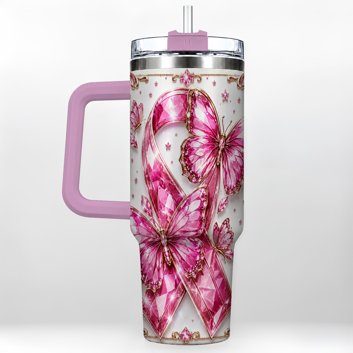 #pl[40oz|Pink] Pink Ribbon 40oz Tumbler with Handle, Jeweled Stainless Steel Travel Cup