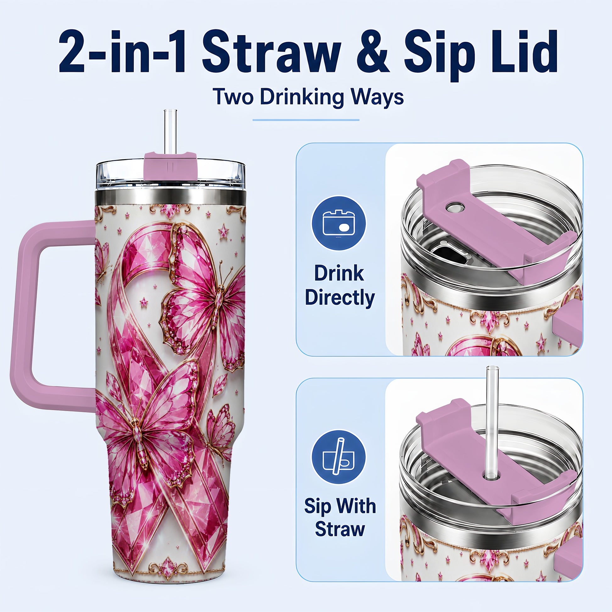 #pl[40oz|Pink] Pink Ribbon 40oz Tumbler with Handle, Jeweled Stainless Steel Travel Cup