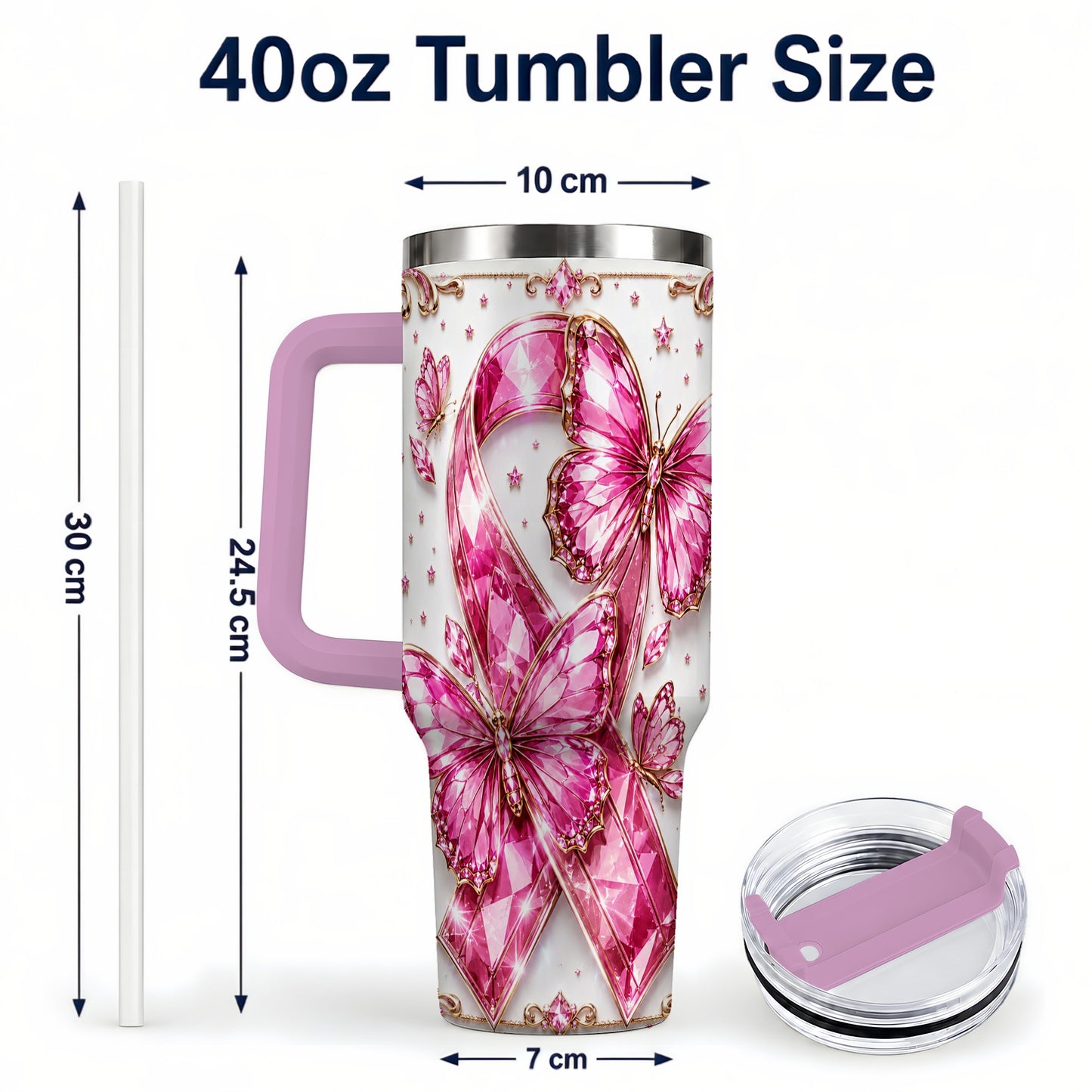 #pl[40oz|Pink] Pink Ribbon 40oz Tumbler with Handle, Jeweled Stainless Steel Travel Cup
