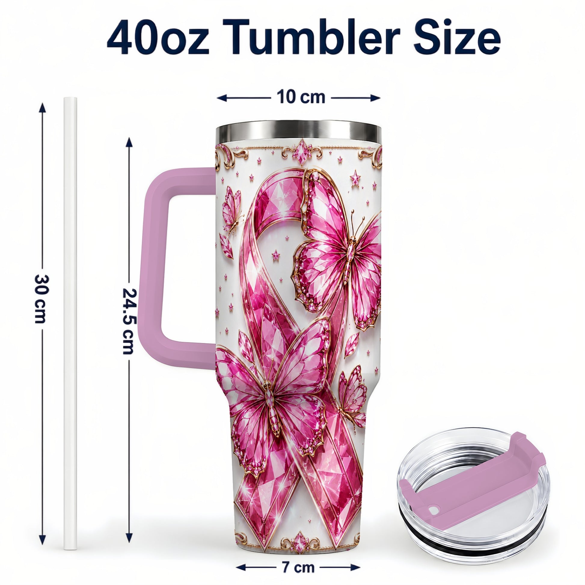 #pl[40oz|Pink] Pink Ribbon 40oz Tumbler with Handle, Jeweled Stainless Steel Travel Cup