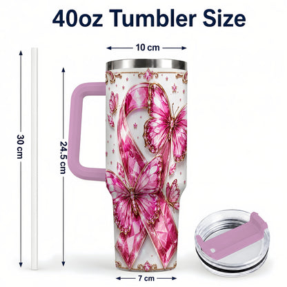 #pl[40oz|Pink] Pink Ribbon 40oz Tumbler with Handle, Jeweled Stainless Steel Travel Cup