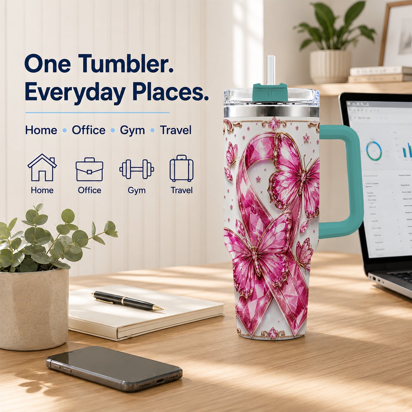 #pl[40oz|Green] Pink Ribbon 40oz Tumbler with Handle, Jeweled Stainless Steel Travel Cup