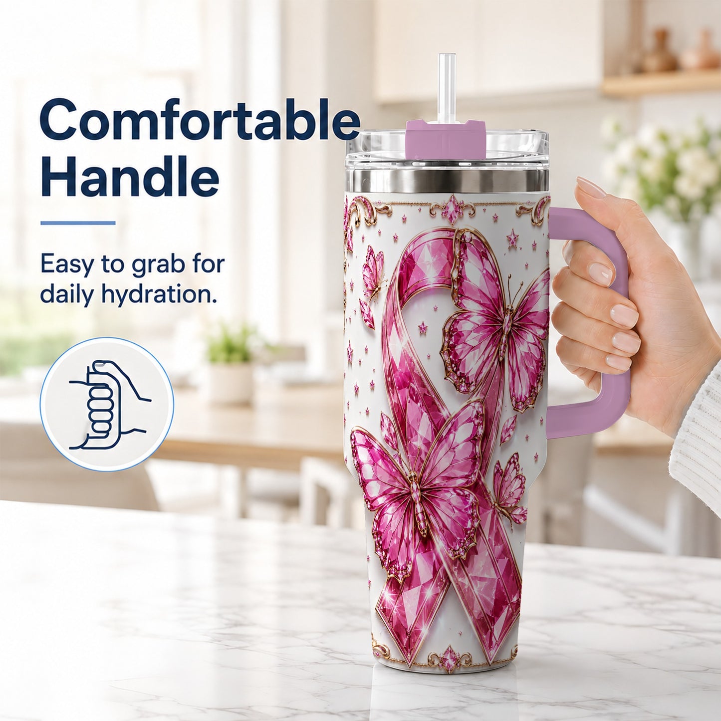 #pl[40oz|Pink] Pink Ribbon 40oz Tumbler with Handle, Jeweled Stainless Steel Travel Cup