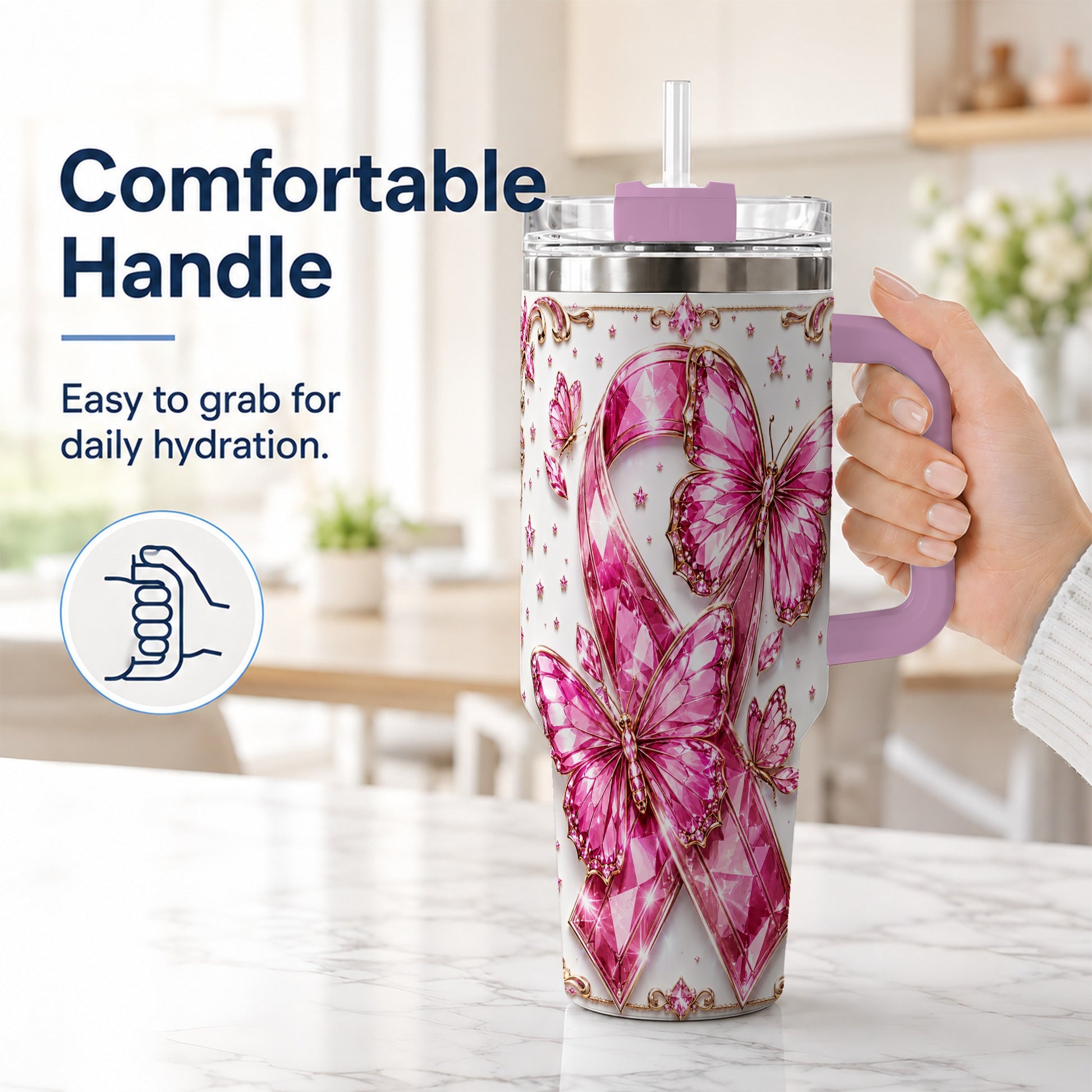 #pl[40oz|Pink] Pink Ribbon 40oz Tumbler with Handle, Jeweled Stainless Steel Travel Cup