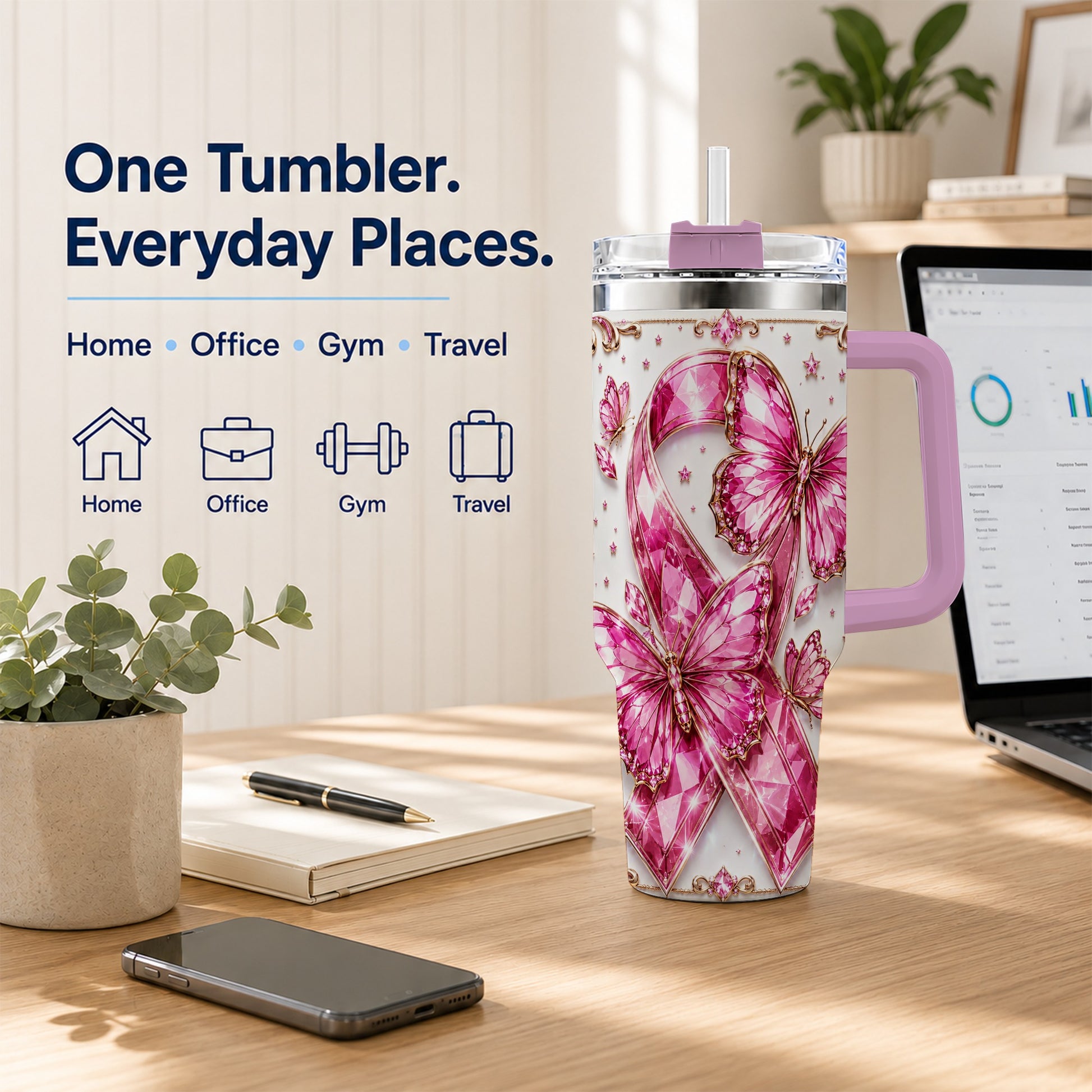 #pl[40oz|Pink] Pink Ribbon 40oz Tumbler with Handle, Jeweled Stainless Steel Travel Cup