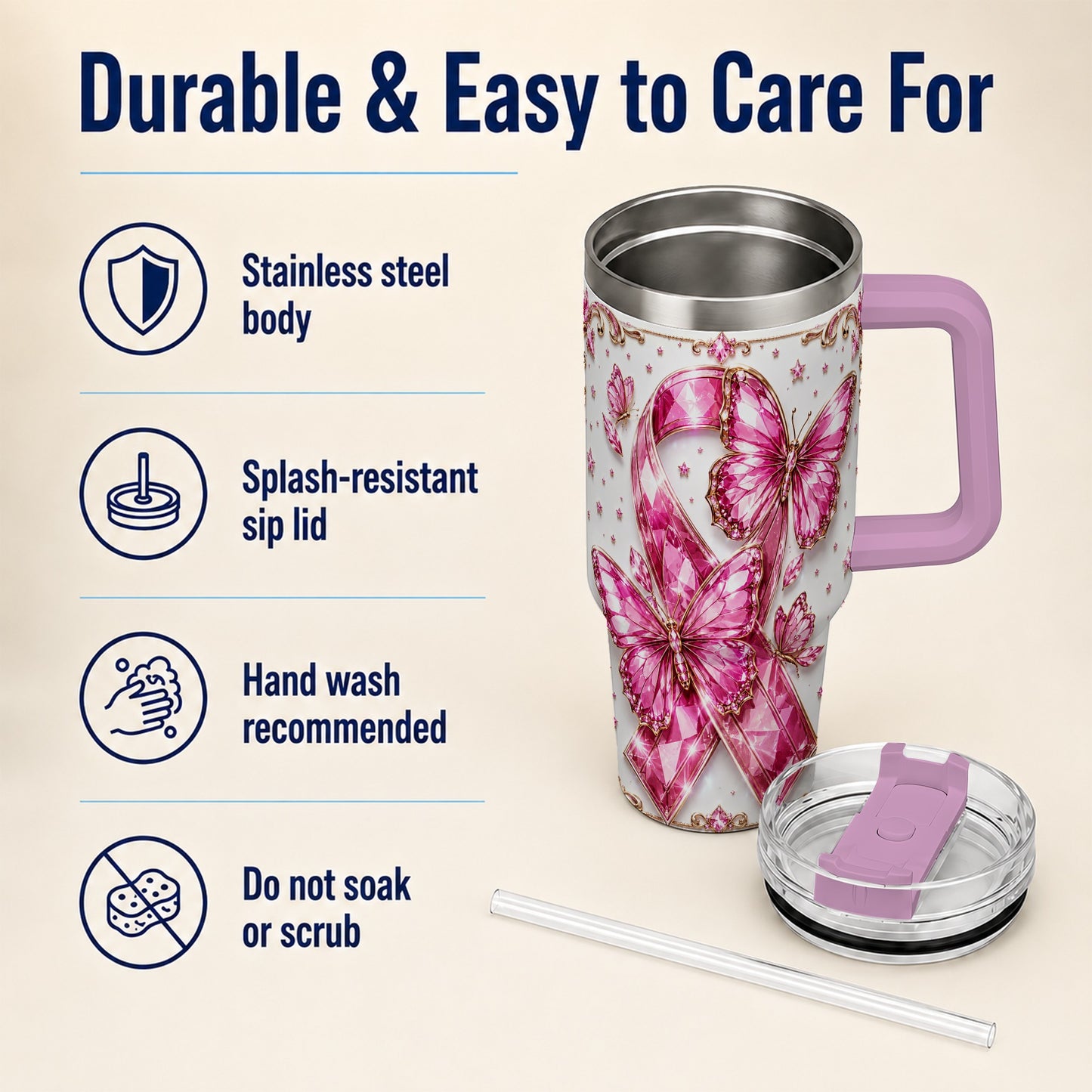 #pl[40oz|Pink] Pink Ribbon 40oz Tumbler with Handle, Jeweled Stainless Steel Travel Cup