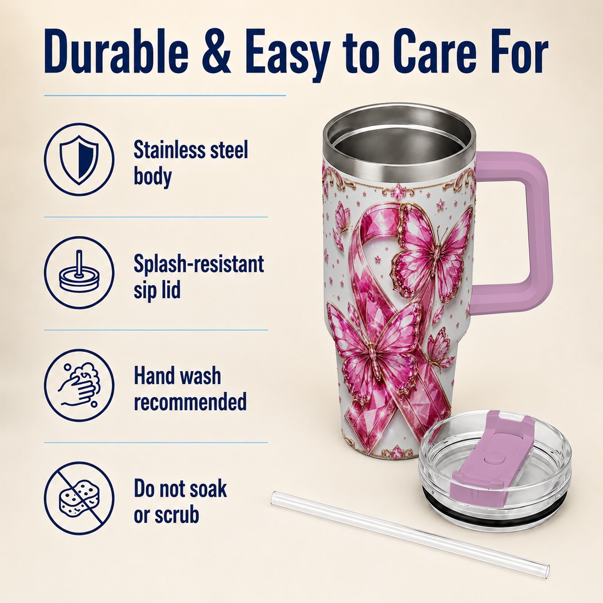#pl[40oz|Pink] Pink Ribbon 40oz Tumbler with Handle, Jeweled Stainless Steel Travel Cup