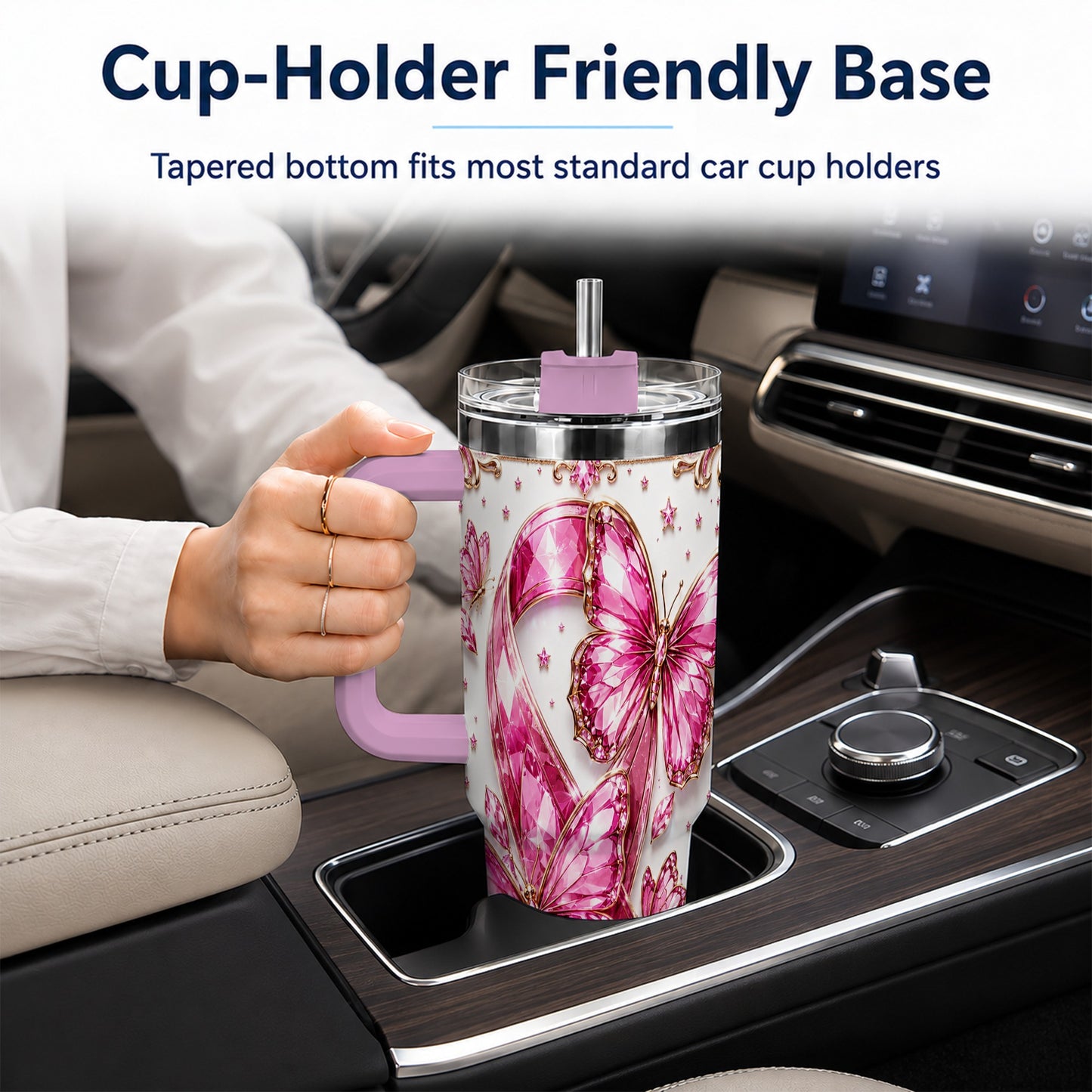 #pl[40oz|Pink] Pink Ribbon 40oz Tumbler with Handle, Jeweled Stainless Steel Travel Cup