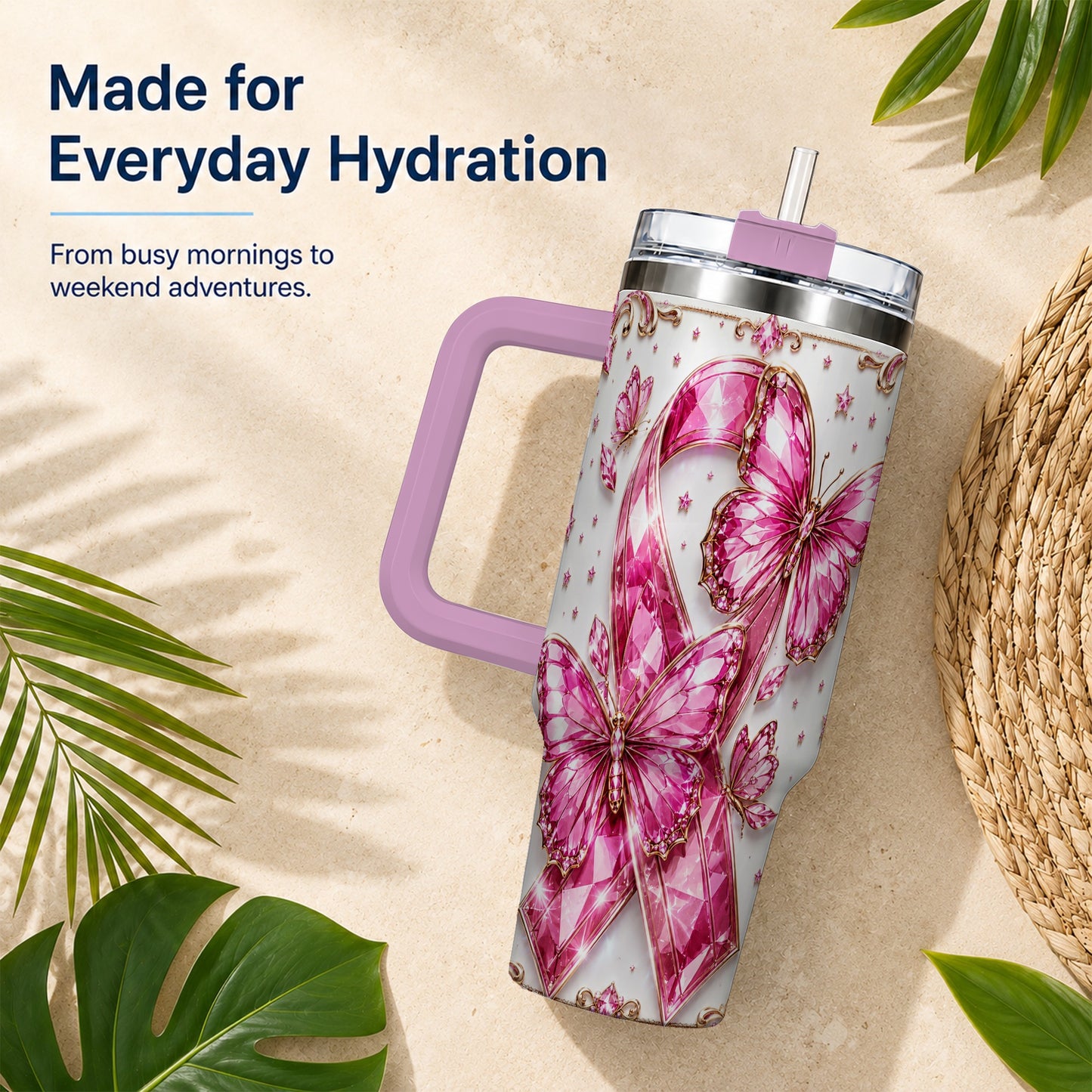 #pl[40oz|Pink] Pink Ribbon 40oz Tumbler with Handle, Jeweled Stainless Steel Travel Cup
