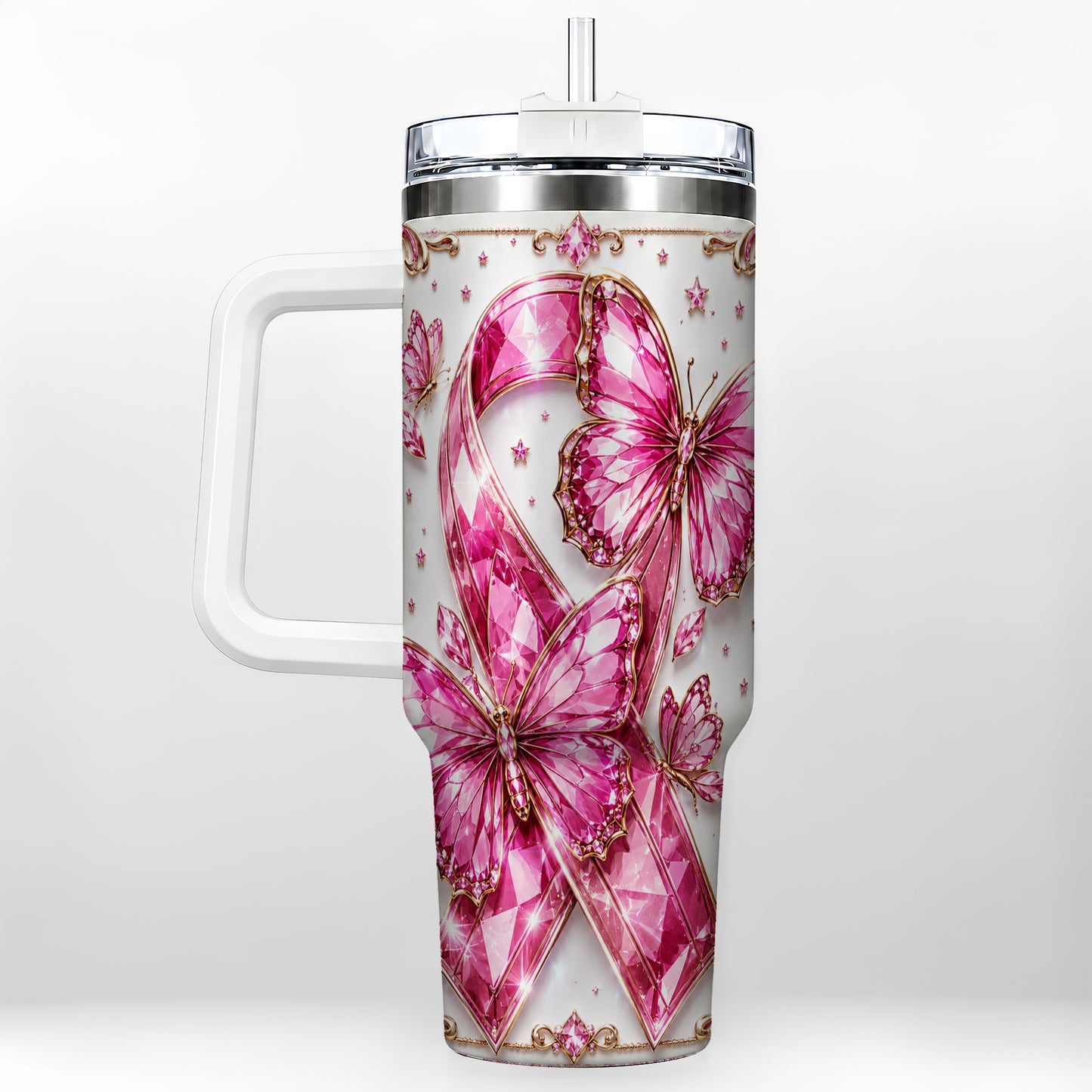 #pl[40oz|White] Pink Ribbon 40oz Tumbler with Handle, Jeweled Stainless Steel Travel Cup