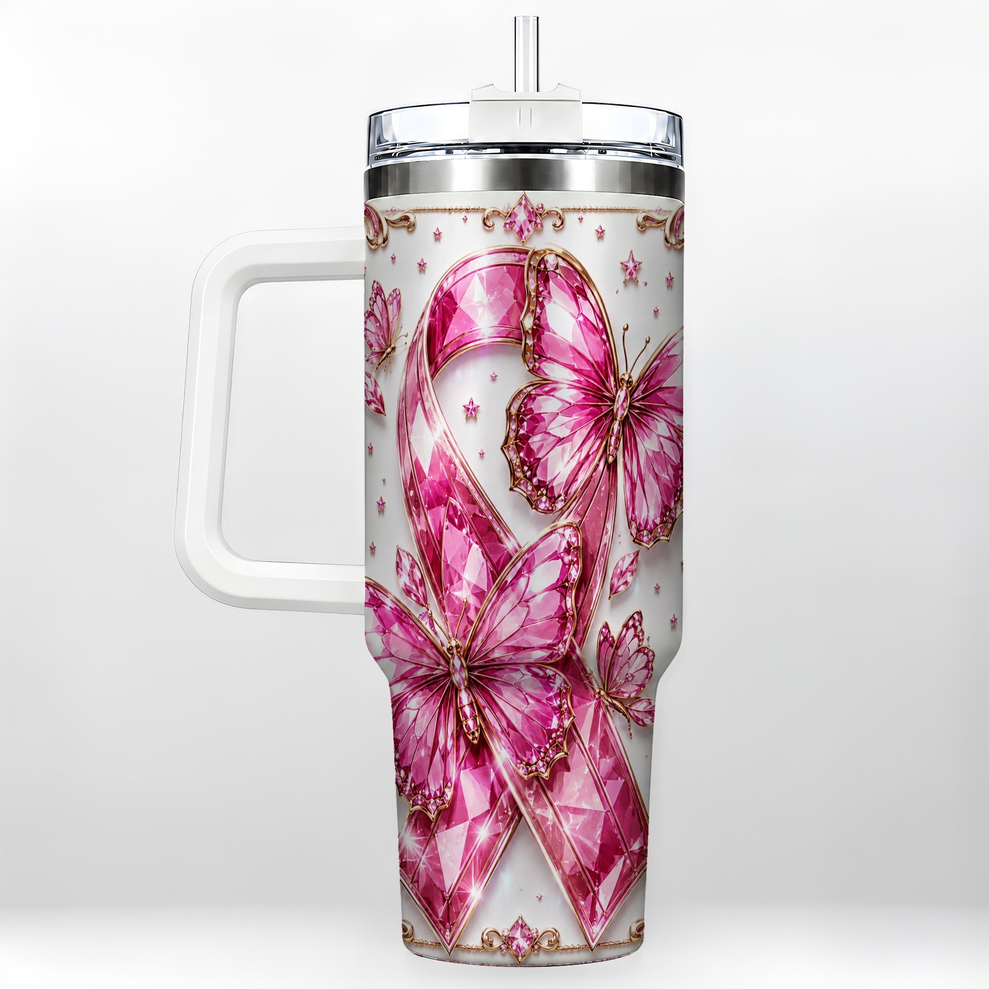 #pl[40oz|White] Pink Ribbon 40oz Tumbler with Handle, Jeweled Stainless Steel Travel Cup