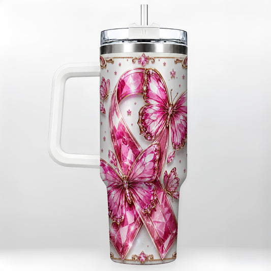 #pl[40oz|White] Pink Ribbon 40oz Tumbler with Handle, Jeweled Stainless Steel Travel Cup