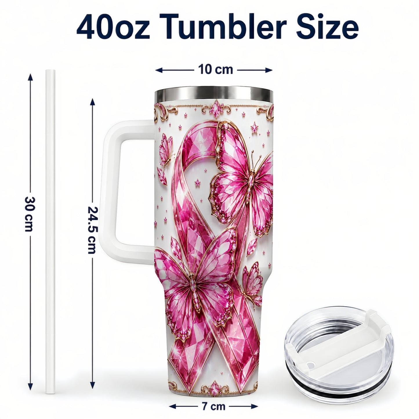 #pl[40oz|White] Pink Ribbon 40oz Tumbler with Handle, Jeweled Stainless Steel Travel Cup