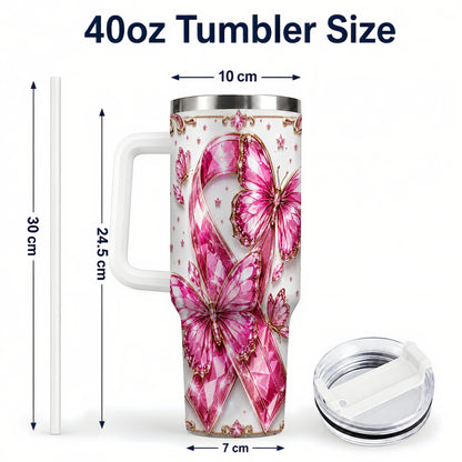 #pl[40oz|White] Pink Ribbon 40oz Tumbler with Handle, Jeweled Stainless Steel Travel Cup