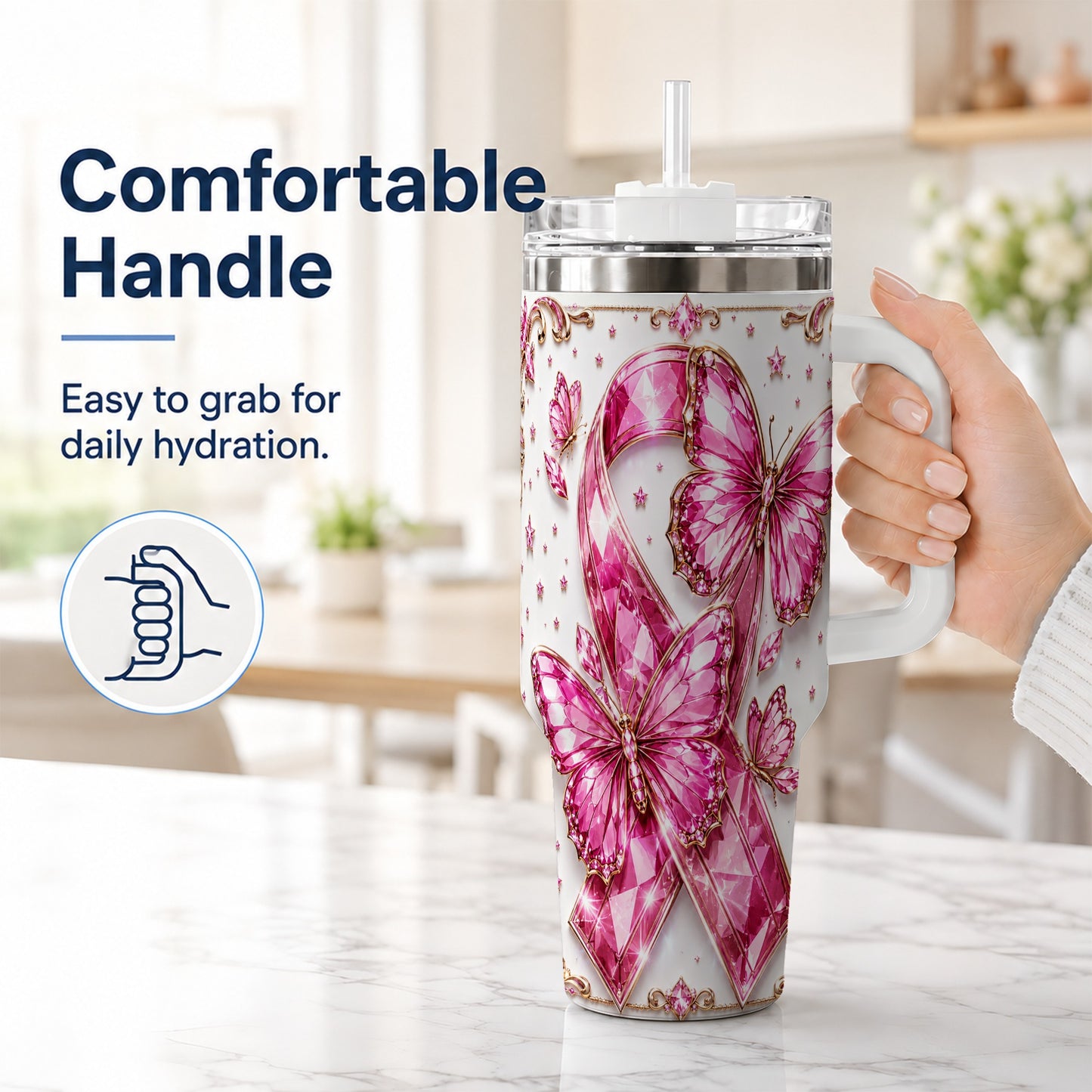 #pl[40oz|White] Pink Ribbon 40oz Tumbler with Handle, Jeweled Stainless Steel Travel Cup
